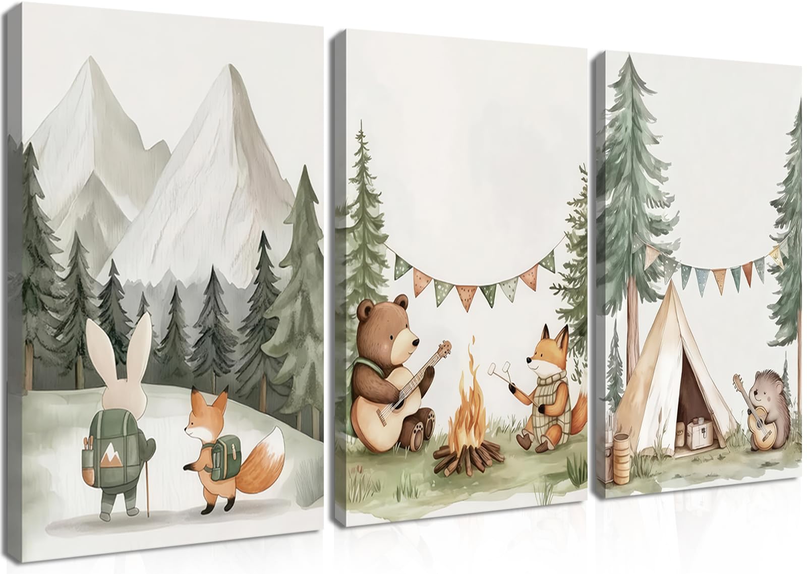 AKWISH Nursery Woodland Animals Canvas Wall Art, Cute brave Bear Fox Rabbit Hedgehog Nursery Wall Decor, Framed Wildlife Camping Picture Prints for Kids Room Baby Bedroom – 12x16in