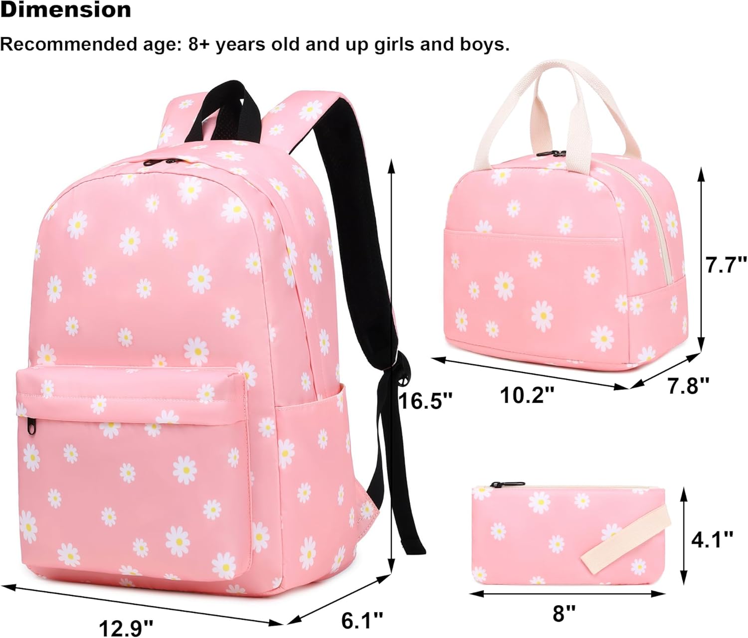 Flowers School Backpack for Teen Girls, 3-in-1 Kids Backpack Bookbag Set School Bags with Lunch Box Pencil Case (Pink) - Image 2