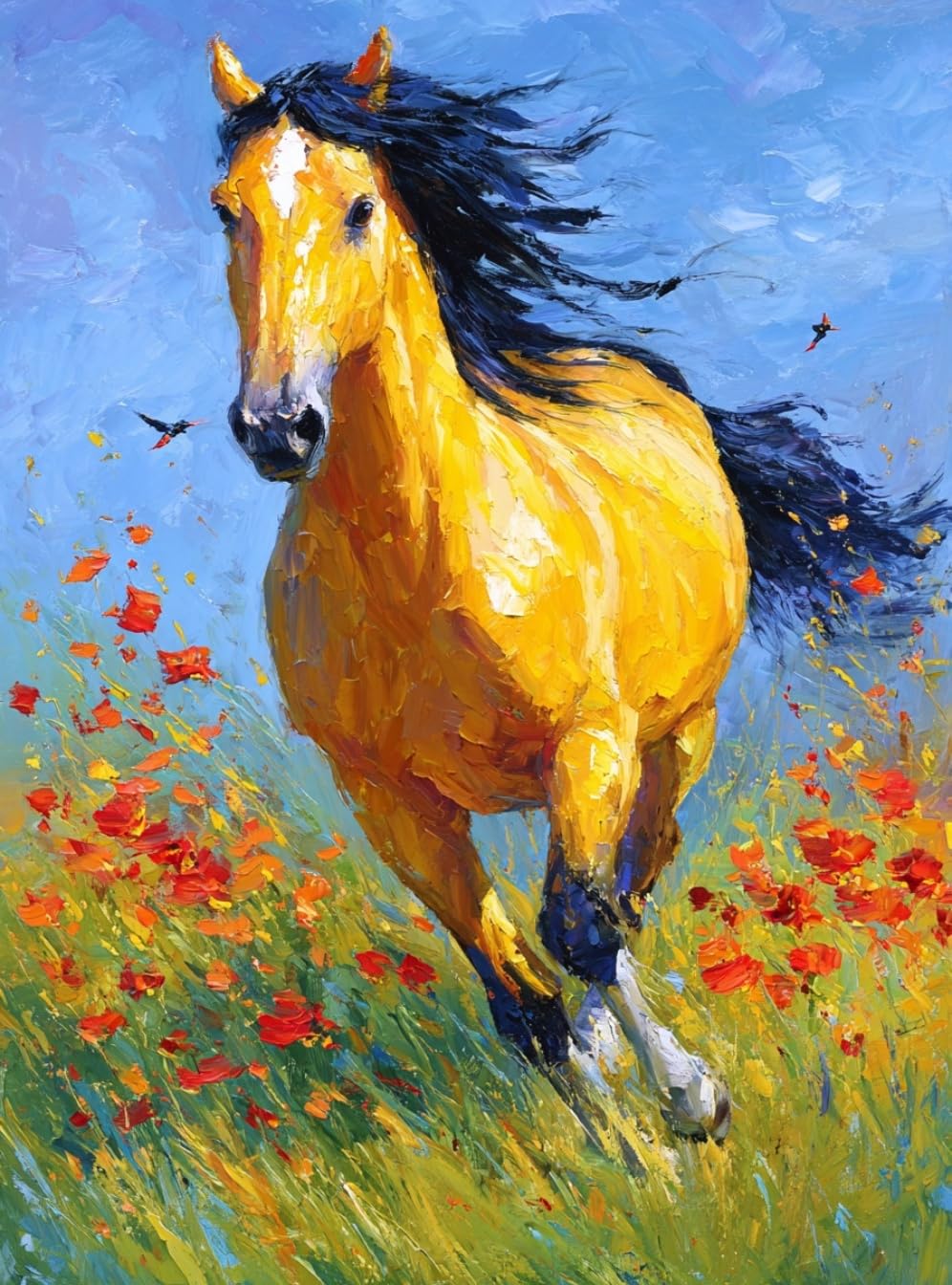 WANGWANGMIAO Paint by Numbers for Adults Galloping Horses Flowers,16x20 Inch Linen Canvas Acrylic DIY Number Painting Kits Hand Painted Oil Painting Wall Art Decor Gifts，with Frame