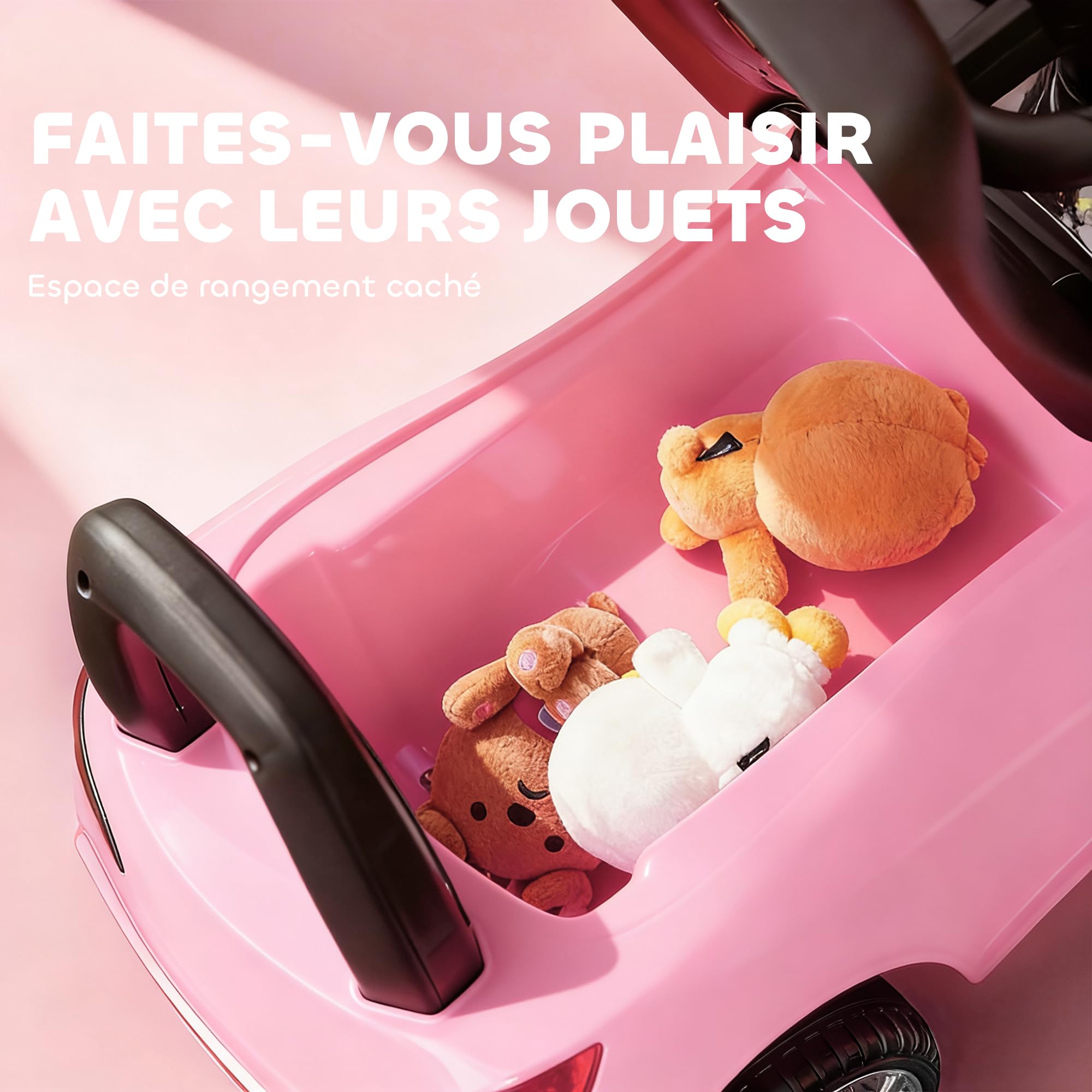 HOMCOM Voiture à Pousser Enfants avec Coffre à Jouets, Klaxon, Phares, Musique, 18-36 Mois, Rose