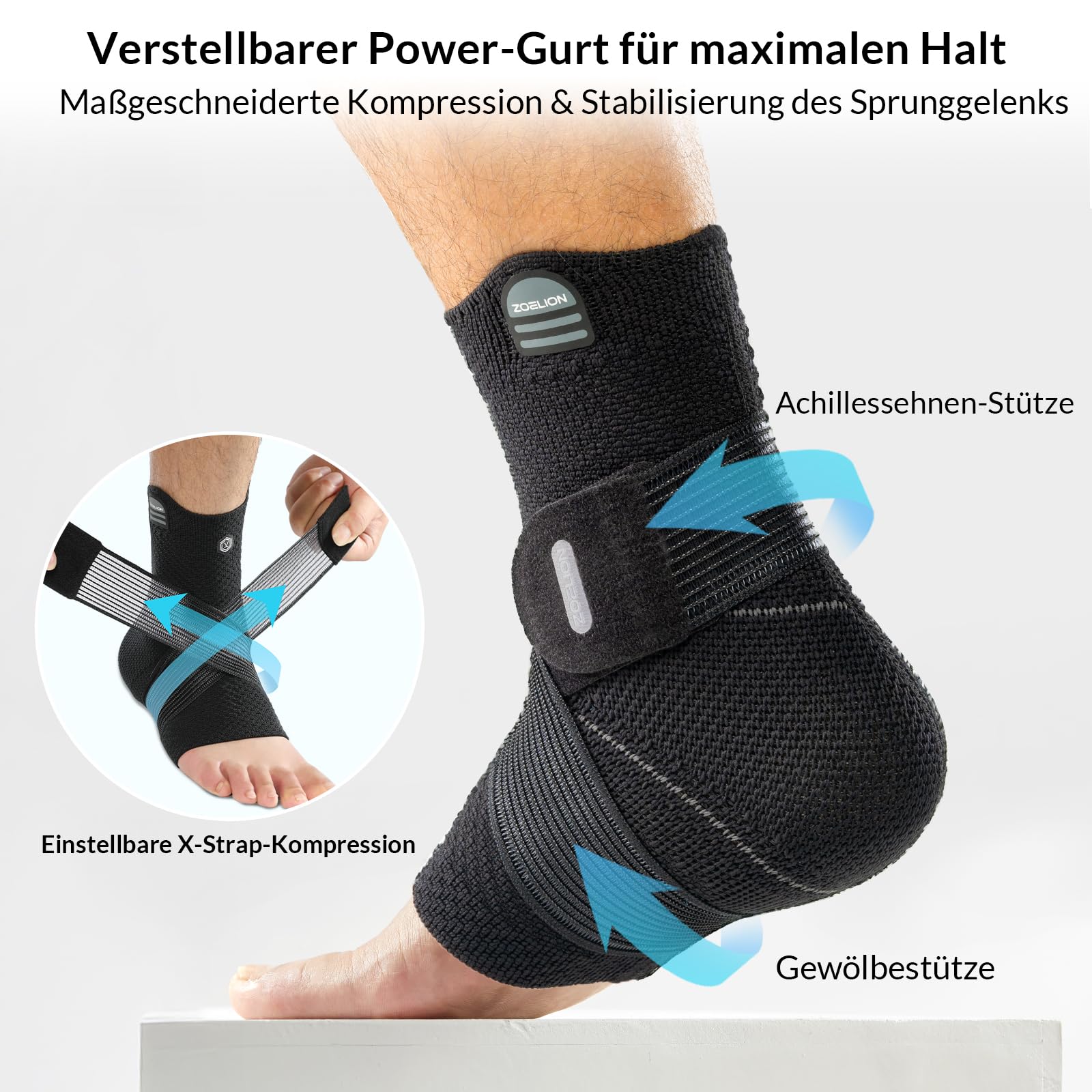 ZOELION Knöchelbandage mit Einzigartigem Netzband, 3D-Gestricktes Luftgewebe Sprunggelenkbandage für Plantarfasziitis Achillessehne, Verstellbare Fussbandage zur Schmerzlinderung Verletzungshilfe, L