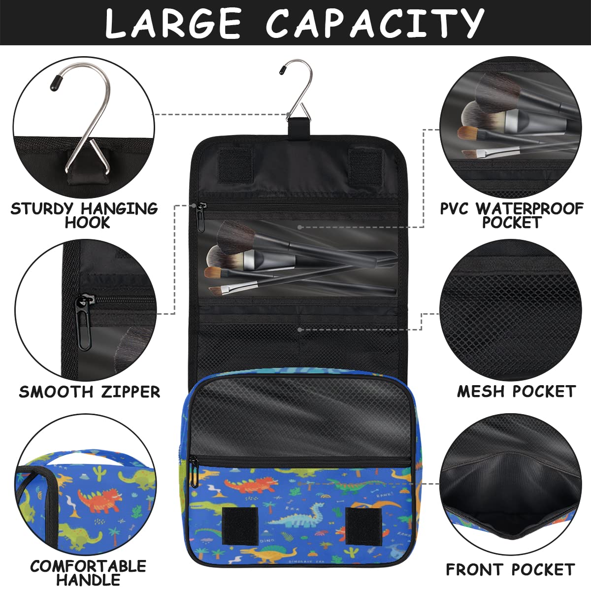 Dinozaur Podróżna Kosmetyczka Niebieski dinozaur Tło Mycie Torba Unisex Wiszące przybory toaletowe Kosmetyczka Organizer do makijażu, wielobarwny, Jeden rozmiar