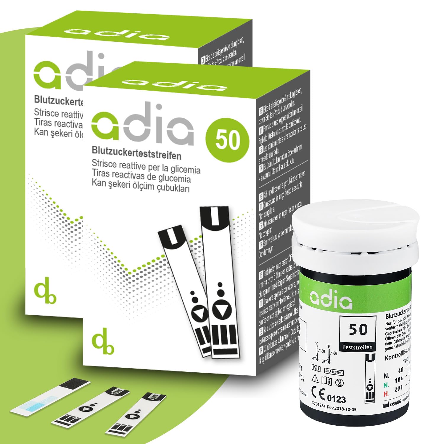 adia tiras reactivas de glucosa en sangre,100 unidades, para el autocontrol de la glucosa en sangre en la diabetes para el medidor de glucosa en sangre adia (no incluido aquí).