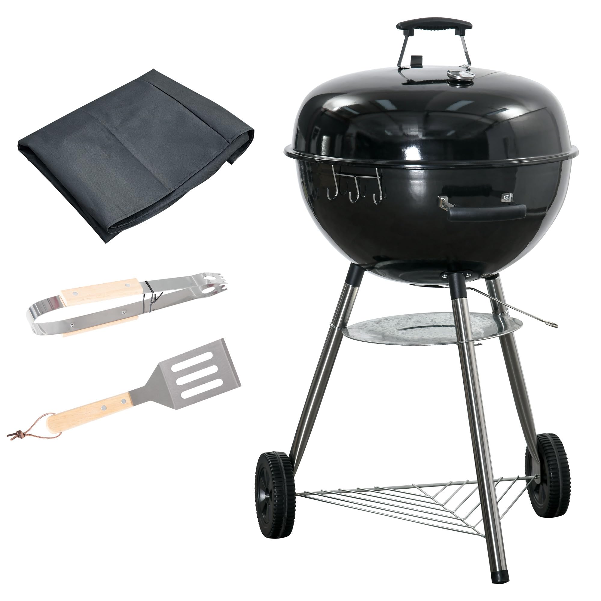 Outsunny Unisex Black Portable Kettle Charcoal Grill Bbq Smoker W/ Cover, Lid, & Thermometer In