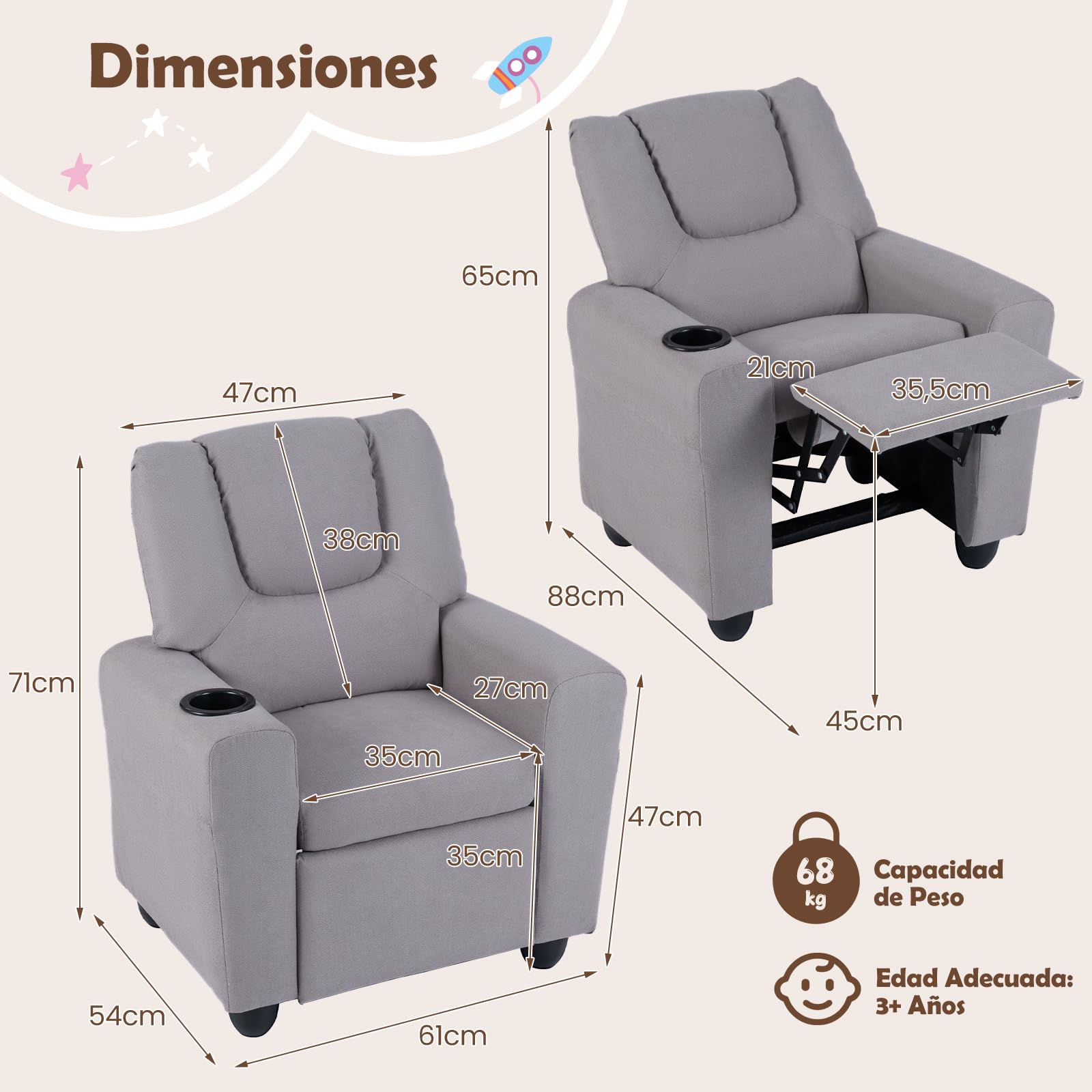 GOPLUS Sillón Reclinable Infantil con Portavasos, Silla Reclinable de Tela de Terciopelo con Respaldo y Reposapiés Ajustables, Cojín de Asiento con Resortes, Sofá para Niños de 3+ Años (Gris)