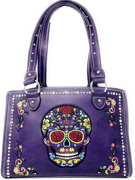 Western Sugar Skull Rhinestone Flora Embroider Concealed Carry Purse/Multi Color