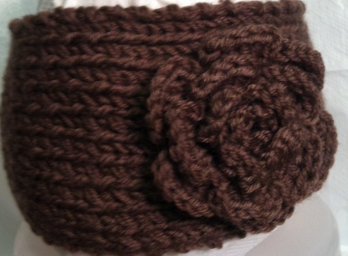 Crochet Knit Headband Earwarmer Headwrap with Flower - Medium Brown