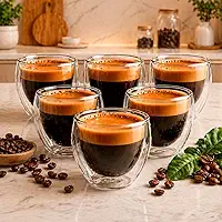 Conjunto com 6 Xícaras de 80ml Vidro para Café de Parede Dupla, Feito de Vidro Borossilicato - Jogo de Xícara para Chá, Café e Bebidas Quentes e Frias Presente Cozinha Elegante
