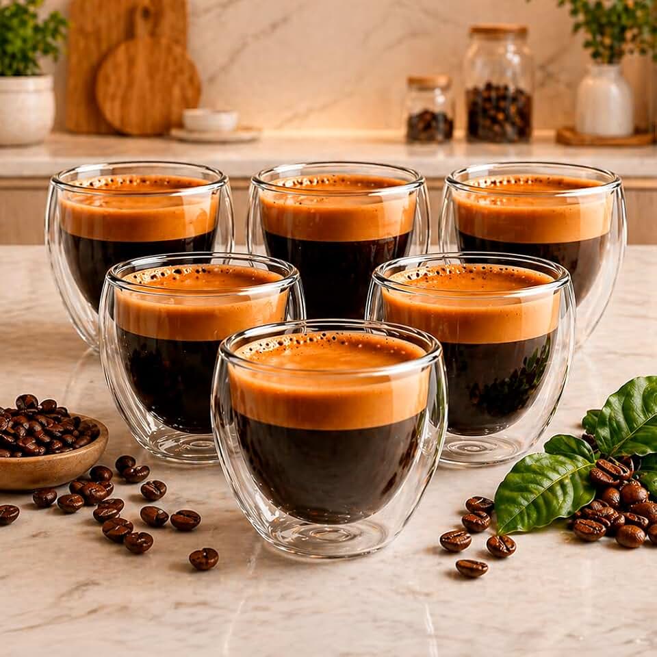 Conjunto com 6 Xícaras de 80ml Vidro para Café de Parede Dupla, Feito de Vidro Borossilicato - Kit de Xícara para Chá, Café e Bebidas Quentes e Frias - Presente Elegante