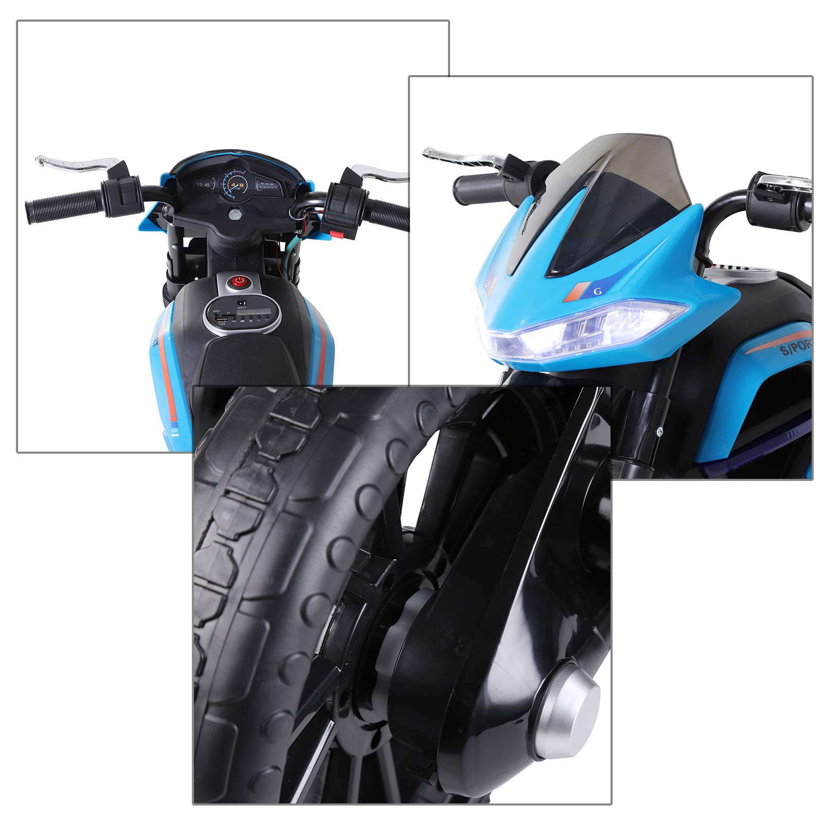 HOMCOM Moto Électrique pour Enfants 3-6 Ans 25 W 6 V 3 Km/h Bleu | Effets Lumineux, Effets Sonores, Roulettes Amovibles, Charge max. 30 kg