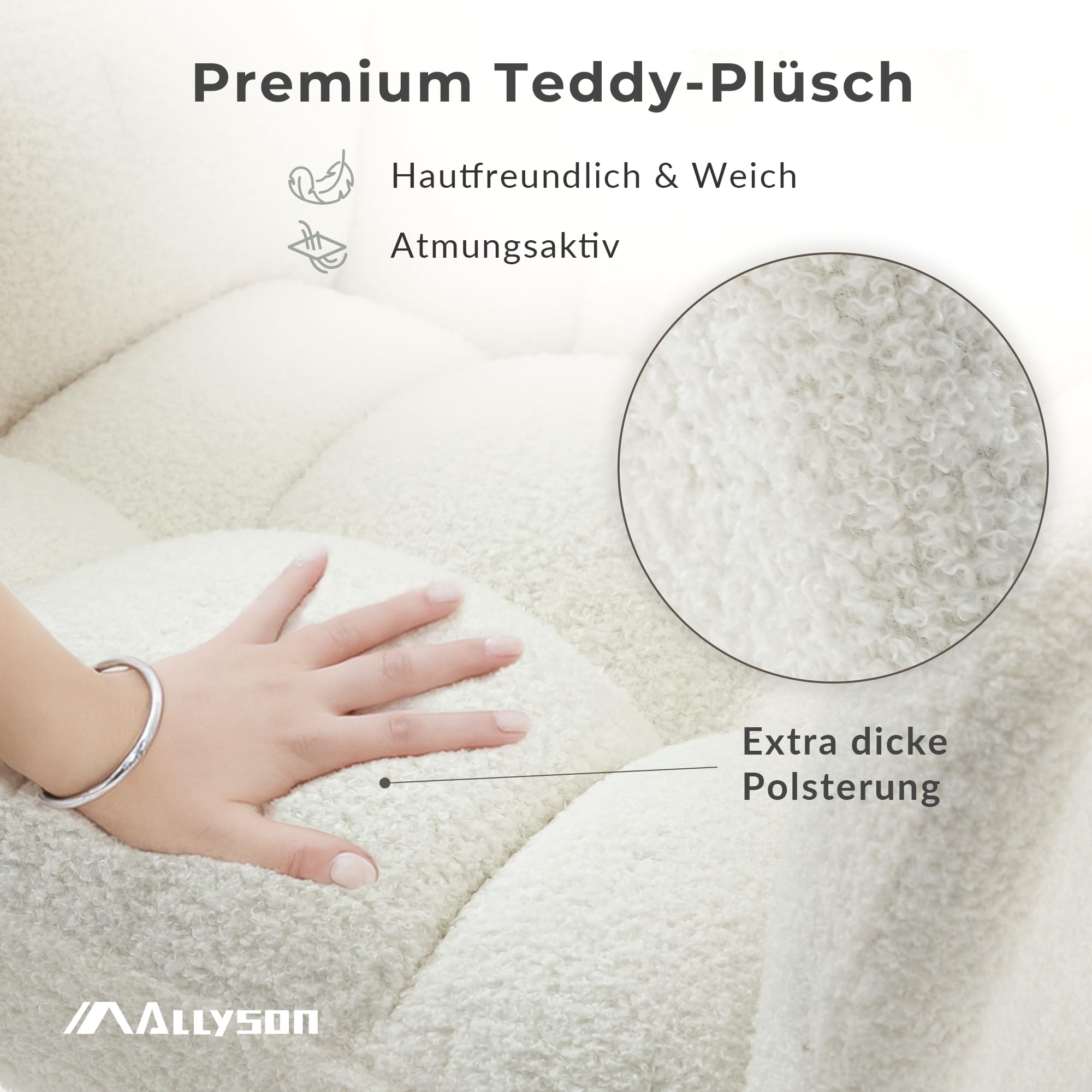 Allyson Schaukelstuhl Weiß – Flauschiger Relaxsessel & Lesesessel mit Holz-Armlehnen – Moderner Stillsessel für Wohnzimmer, Balkon & Indoor - Weiß