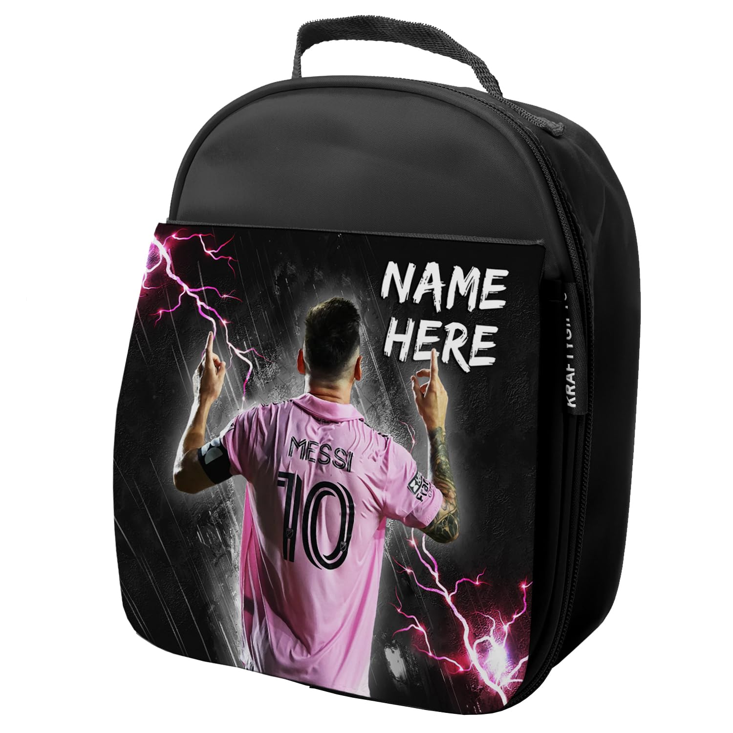 KRAFTYGIFTS Personalised Messi Lunch Bag Miami Football Legend Boys School Nursery Insulated Lunchie Box Lunchbox Snackbox NL47