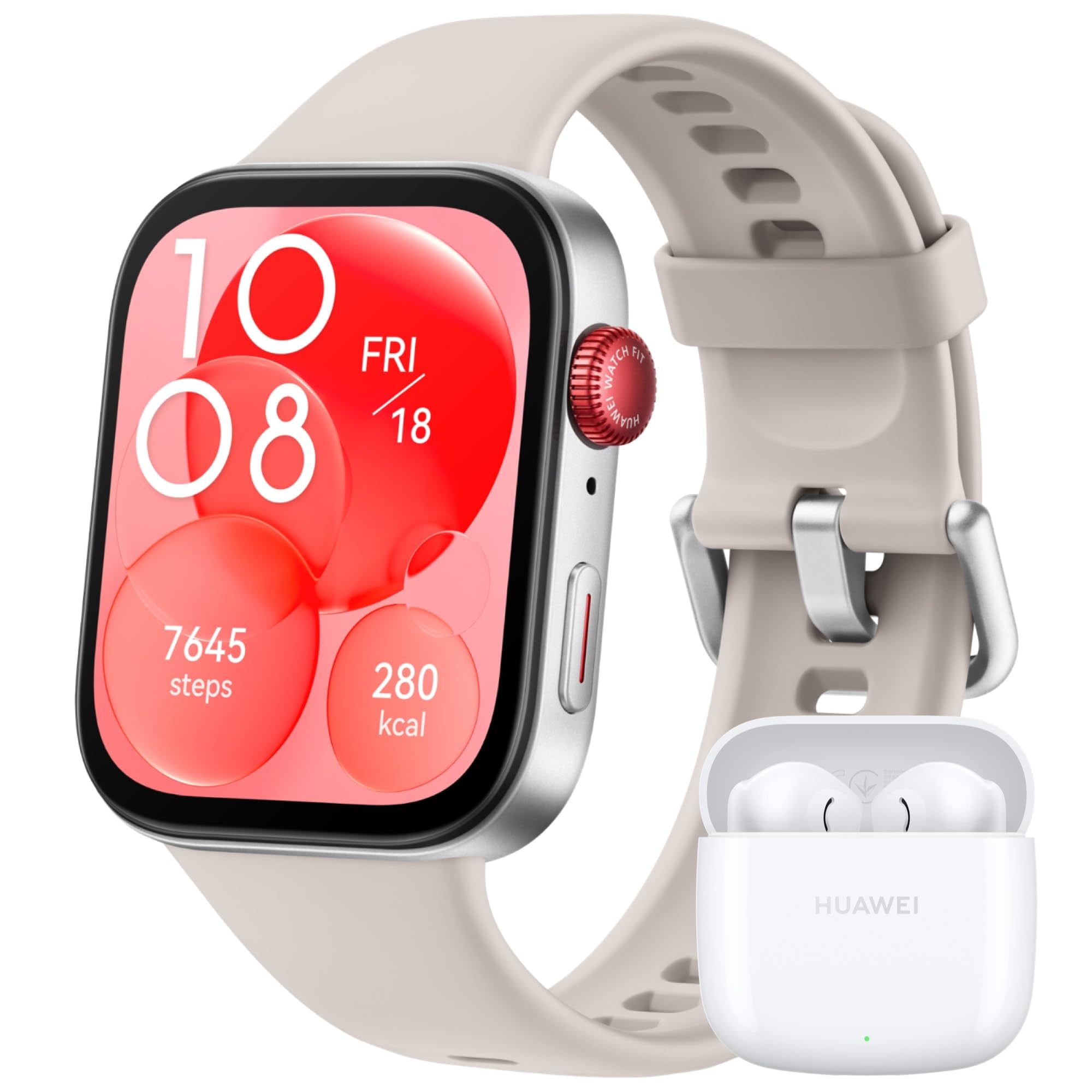 Huawei Watch FIT 3, Display AMOLED da 1.82", Monitoraggio fitness e salute, Compatibilie con iOS e Android, Batteria fino a 10 giorni, Chiamate Bluetooth, White Fluoroelastomero + Freebuds SE 2 White