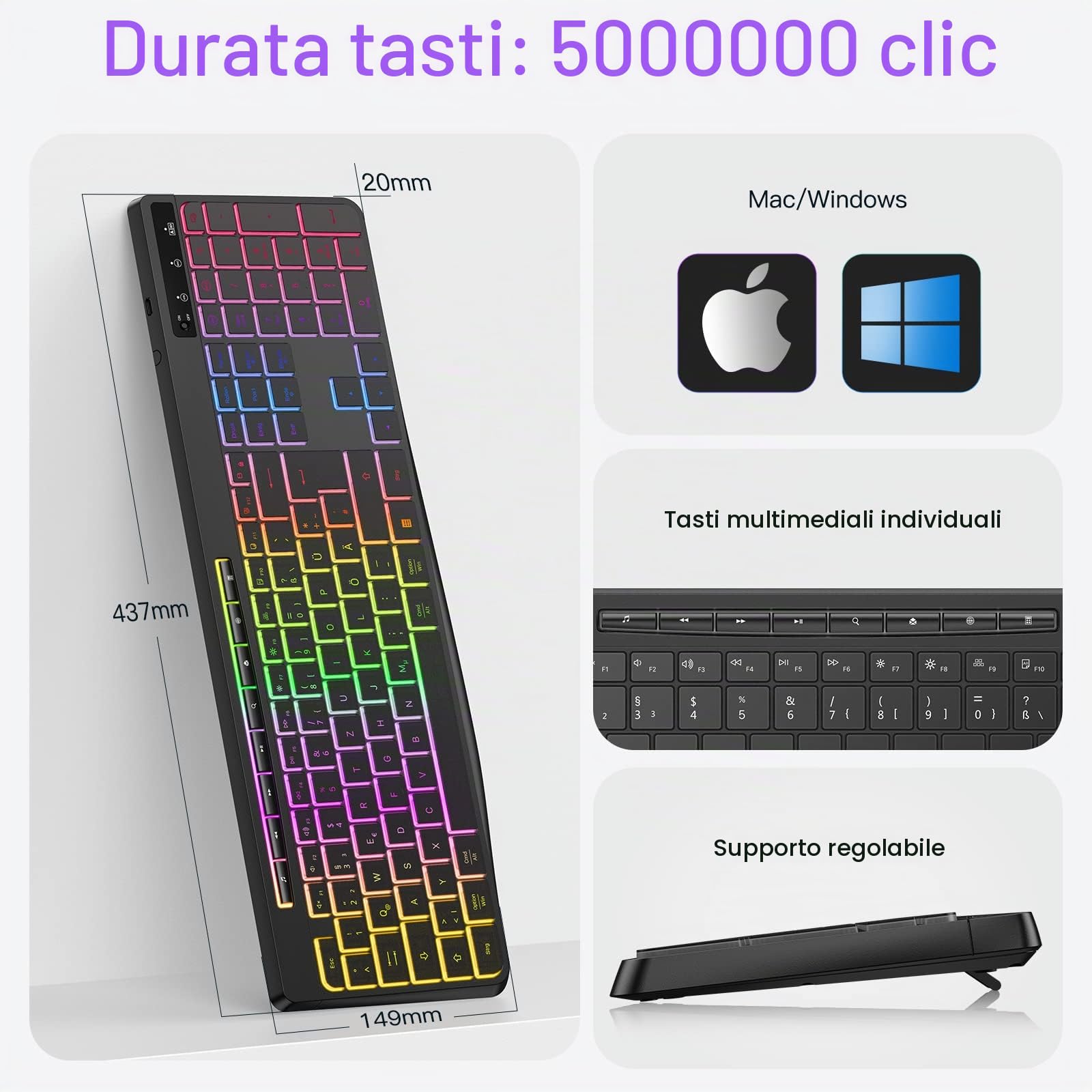 TECURS Tastiera da gioco wireless QWERTZ silenziosa illuminata ergonomica impermeabile tastiera LED 2,4 GHz per Windows/Mac/PS4/Xbox con tasti multimediali, colore nero