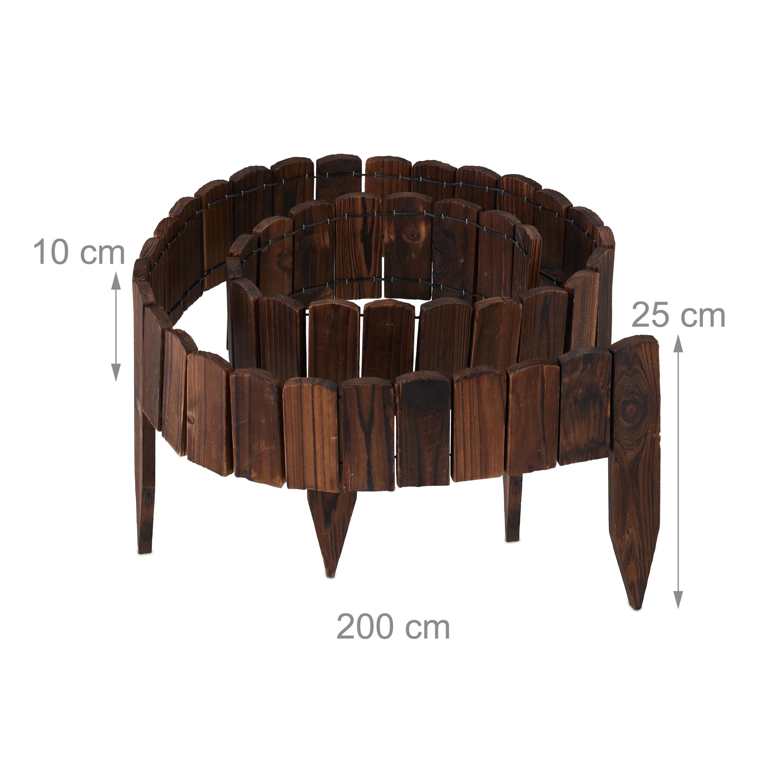 Relaxdays Bordure de Jardin, 200 cm de Long, Flexible, Hauteur Visible 10 cm, Bois, clôture de Parterre, Brun foncé