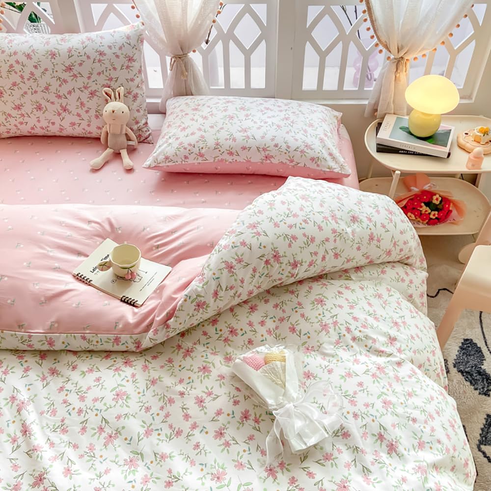 Nyescasa Duvet Cover Single Pink and White Floral Flowers Botanical Meadow Reversible Bedding Set Pink Flower Print Microfibre Comforter Cover 135x200 cm with Zipper Closure and 1 Pillowcase 50x75 cm