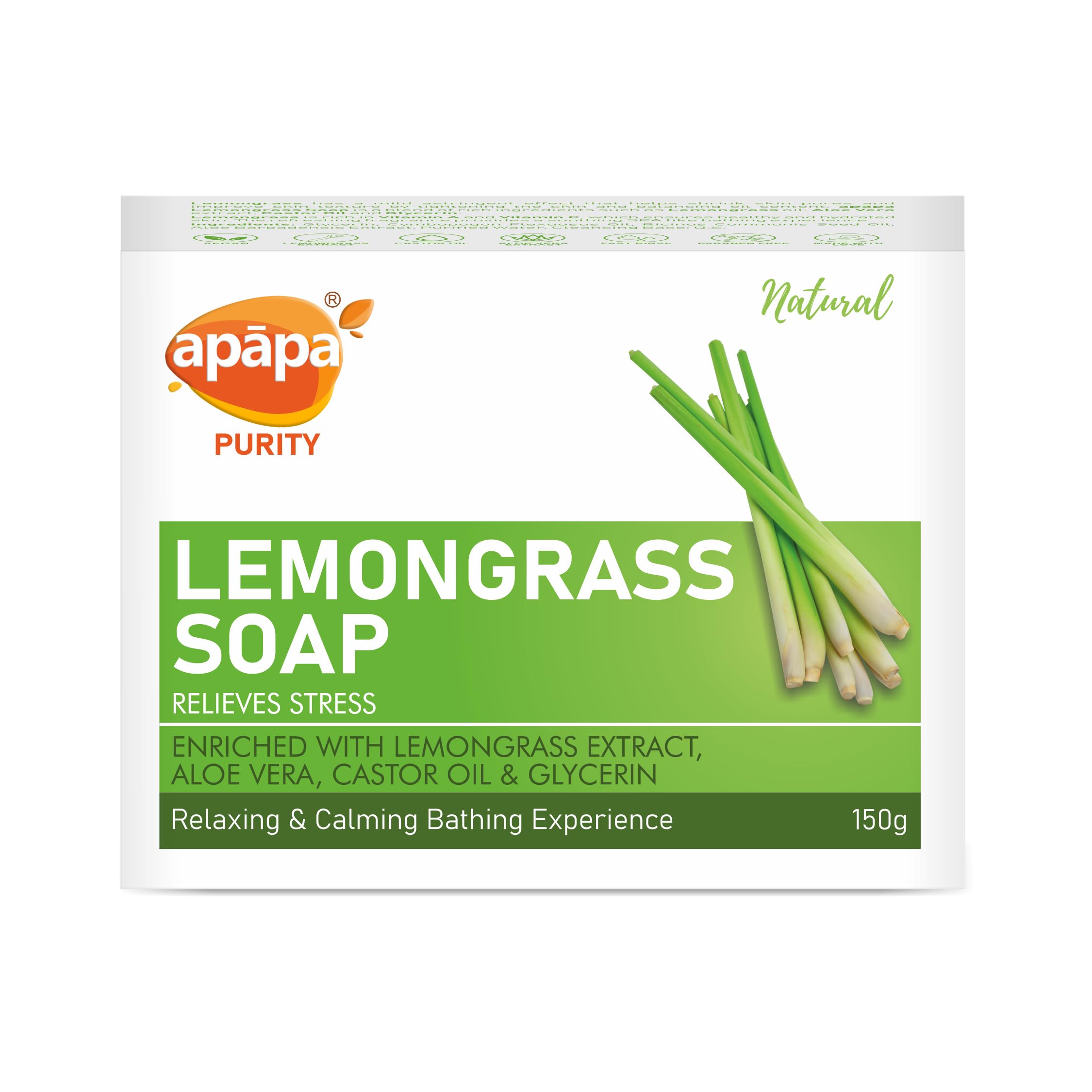 apāpa Lemongrass Herbal Refreshing Bath Soap for Men & Women Antibacterial Oil Control Body Cleanser Soap Fresh Skin Odor Control Natural Daily Use Skin Care Soap - 150gm