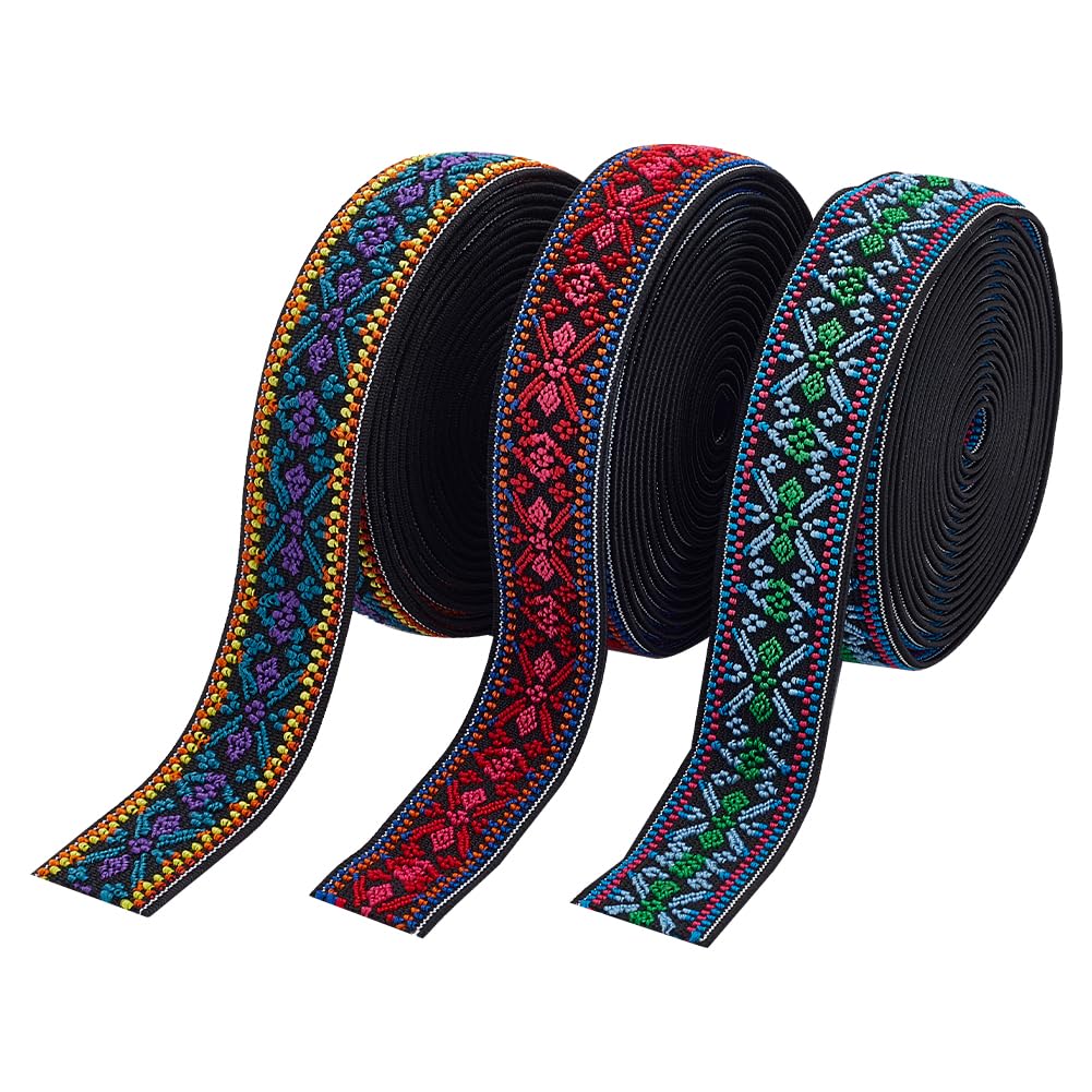 Photo 1 of PH PandaHall 9 Yards 3 Colors Elastic Jacquard Ribbon Ethnic Embroidered Trim Boho Jacquard Ribbon Vintage Woven Fabric Trim for Webbing Garment Sewing Accessories DIY Crafts Making, 0.8inch