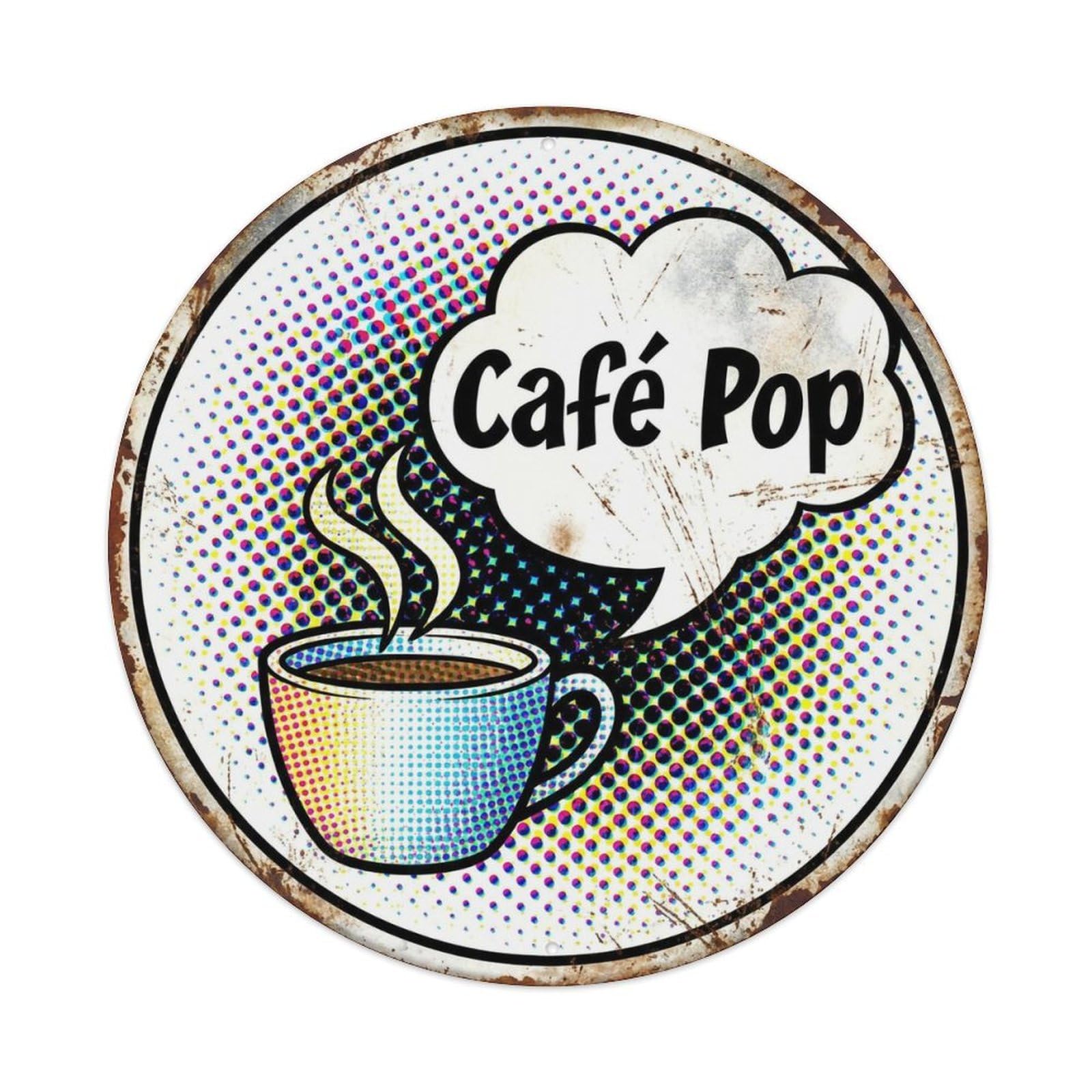 Halftone Comic Mancave Cafe Metal Tin Sign Plaque Wall Decor for Cafe, Club, Garden Round Metal Poster 8x8Inch