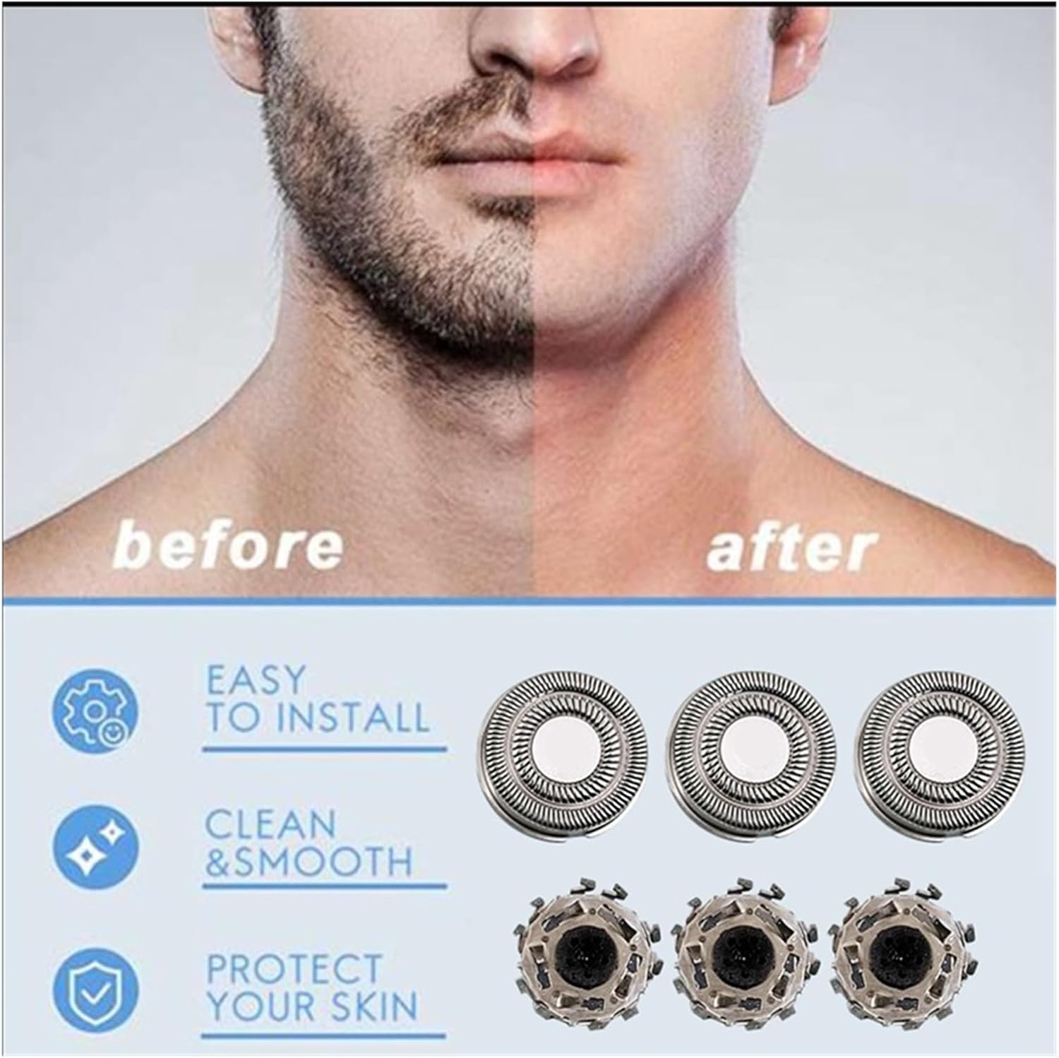 Image showing a man's face before and after shaving, with three replacement shaver heads and icons for easy installation, clean & smooth shave, and skin protection.