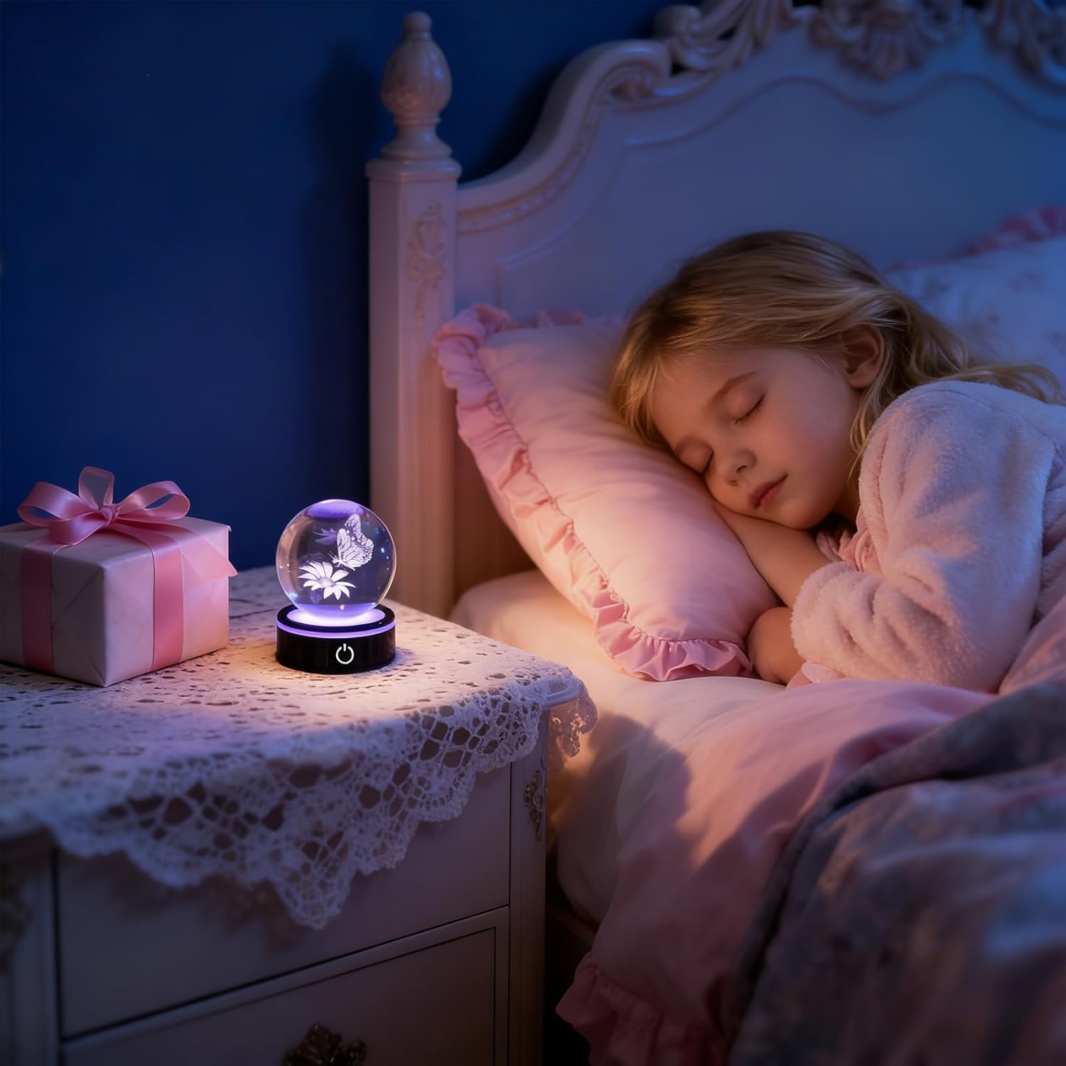 80mm 3D Crystal Ball Butterfly Lamp - K9 Glass Butterfly Decorations with 6 Color LED Light Base, Butterfly Gifts for Women Mom Kids, Laser Etched Butterfly Lights Night Light Home Decor