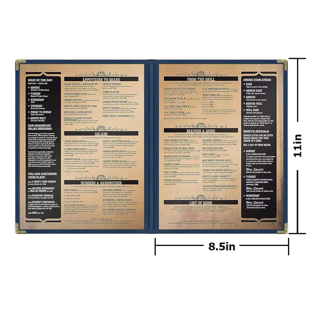 Goodsmart Cafe Style - Funda para menú, doble costura borde, vinilo transparente, paquete de 25 (azul, 4 vistas, 8.5 x 11 pulgadas)