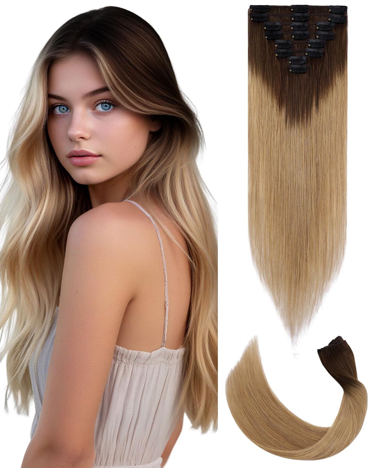 SLEEKALON Real Hair Extensions Clip in Human Hair Remy #4/27 Ombre Medium Brown/Dark Blonde