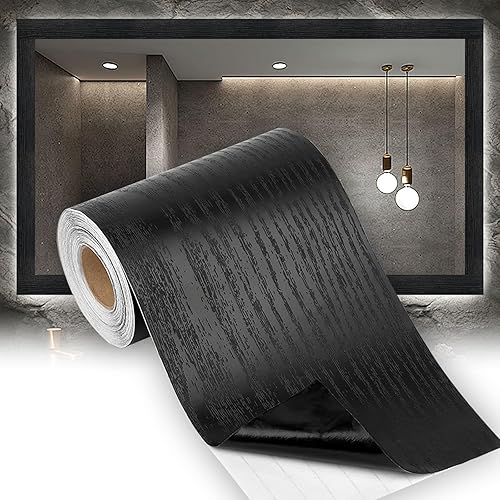 10M Mirror Frame Border Black Wood Grain Removable Peel and Stick Wallpaper, PVC Waterproof Decor Sticker Mirror Trim for Bathroom and Home Decor（ 32.8 FT X 3.93 in