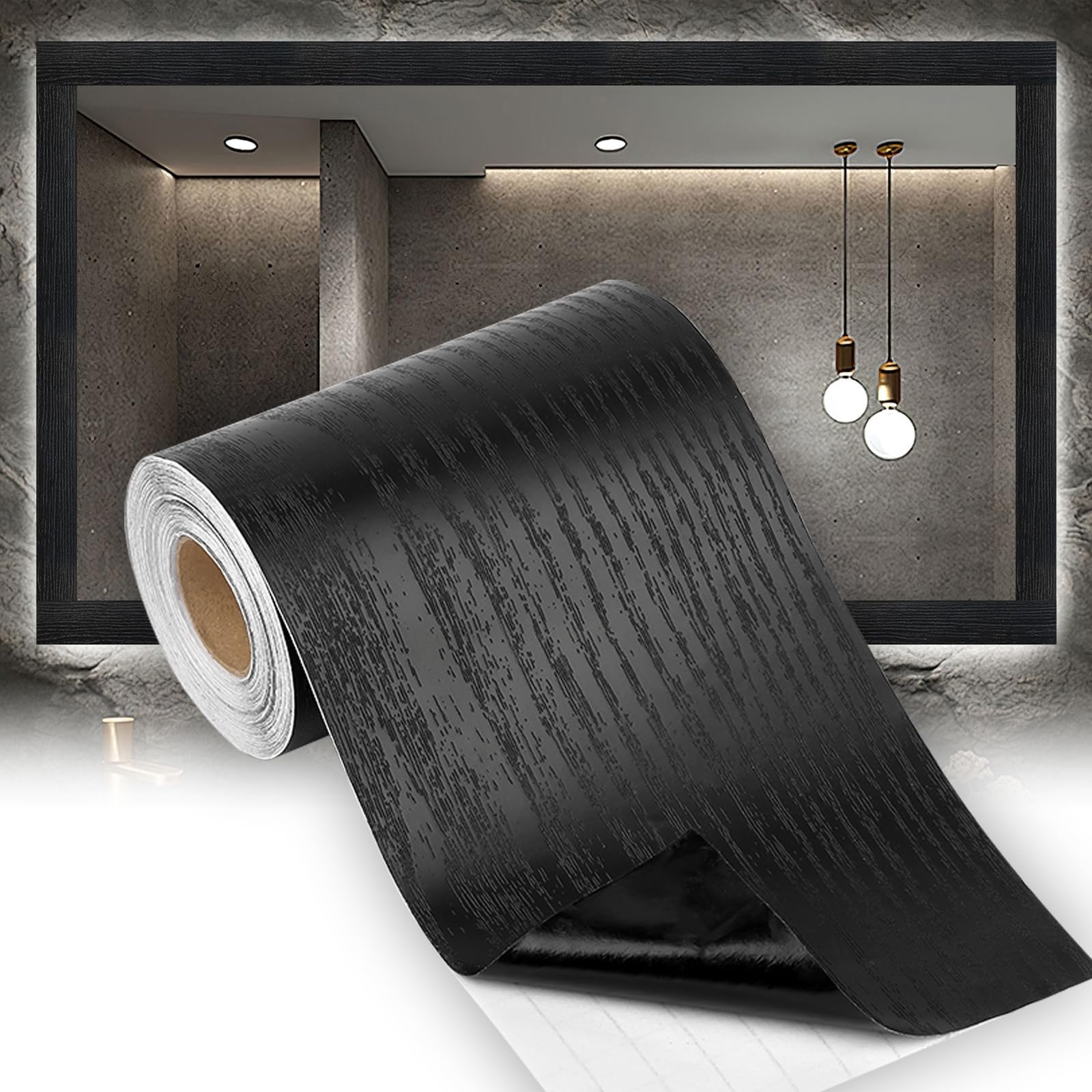 Okxiri 32.8 FT X 3.93 in Black Border Wood Grain Peel and Stick Wallpaper, Bathroom Mirror Frame Border, Removable PVC Waterproof Decor Sticker Mirror Trim for Bathroom and Home Decor