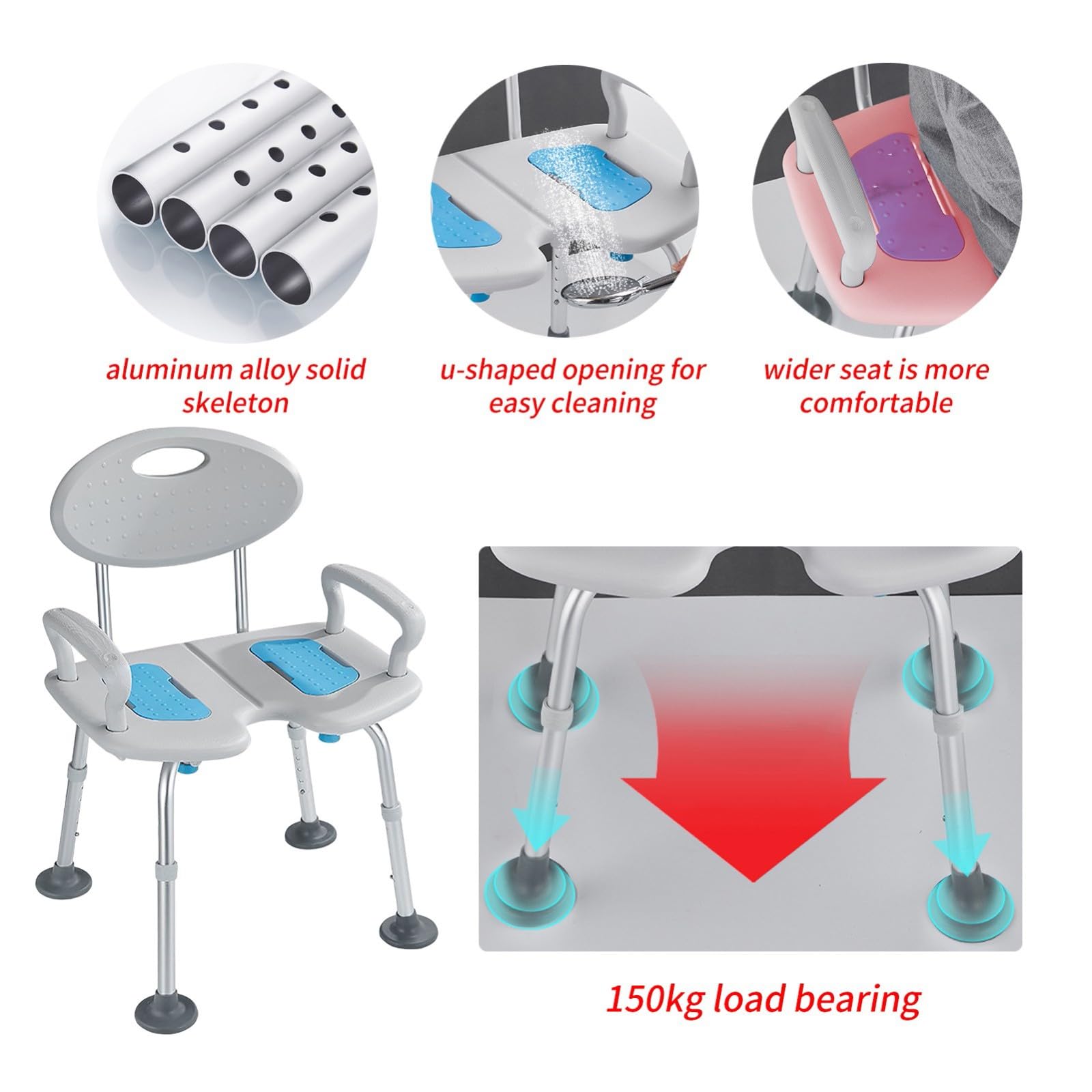 Silla para Ducha Antideslizante, Silla De Ducha para Minusválidos, Taburete De Ducha De Aluminio Regulable En Altura con Respaldo Y Reposabrazos, Asiento De Ducha para Ancianos, 150 Kg
