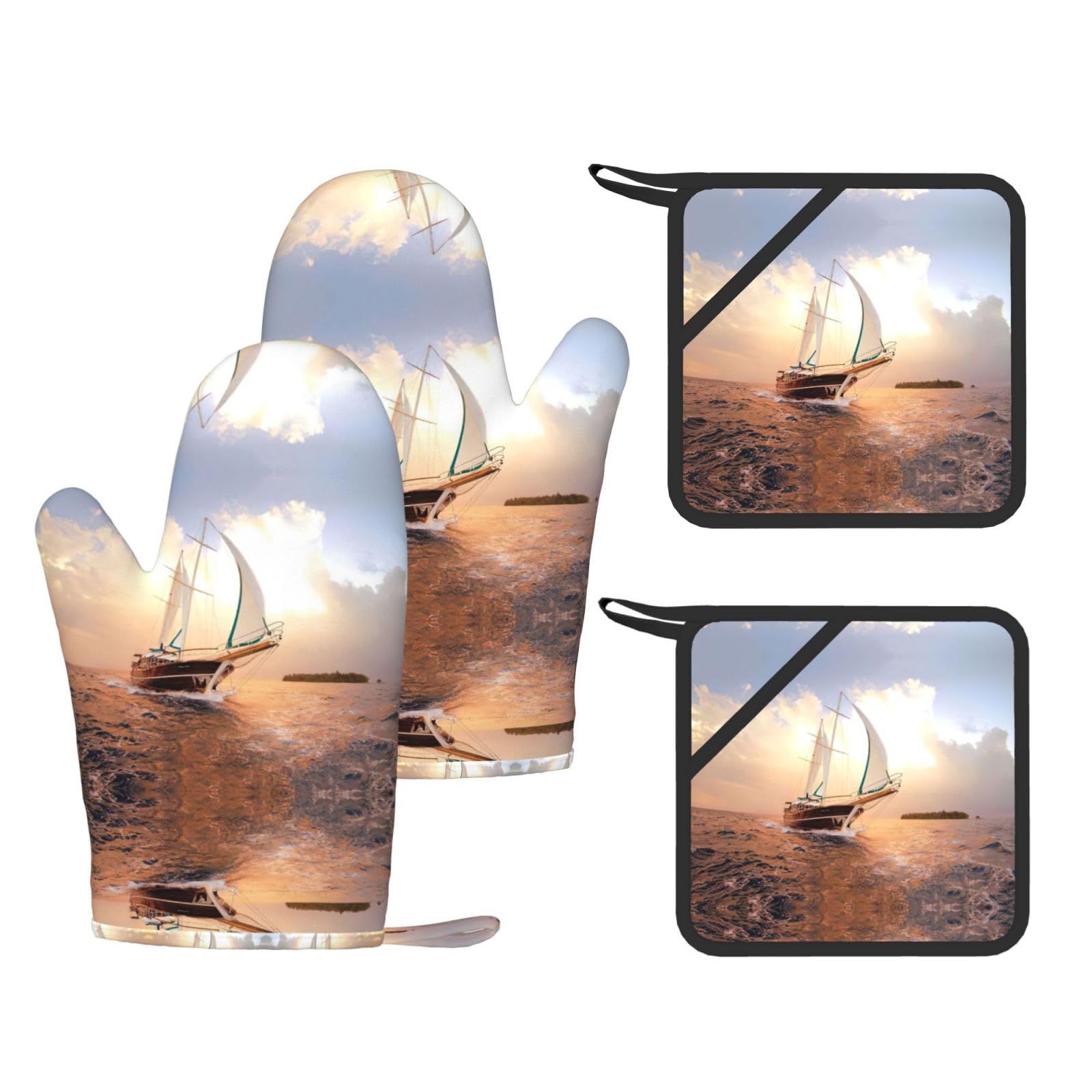 White Sailing Ship at Sunset Trendy Printed Kitchen Set with Heat Resistant Gloves & Non-Slip Hot Pads for Baking & Grilling