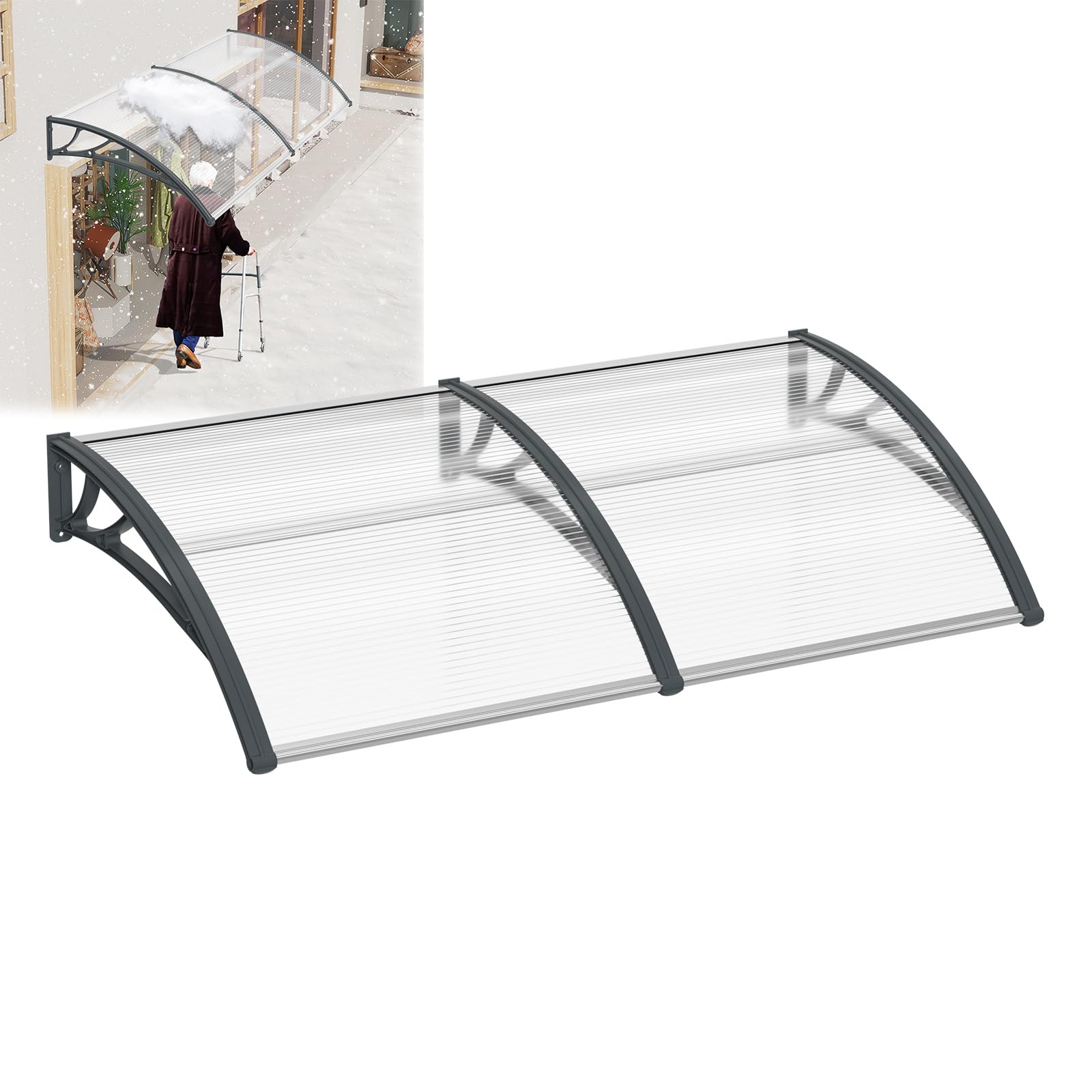 LILIIN 150x100cm Vordach für Haustür Haustürvordach Pultvordach, Türdach für Draußen, aus 5 mm Dicke Transparentes Polycarbonat, PP Halterung, Pultbogenvordach Überdachung, Graue Klammer