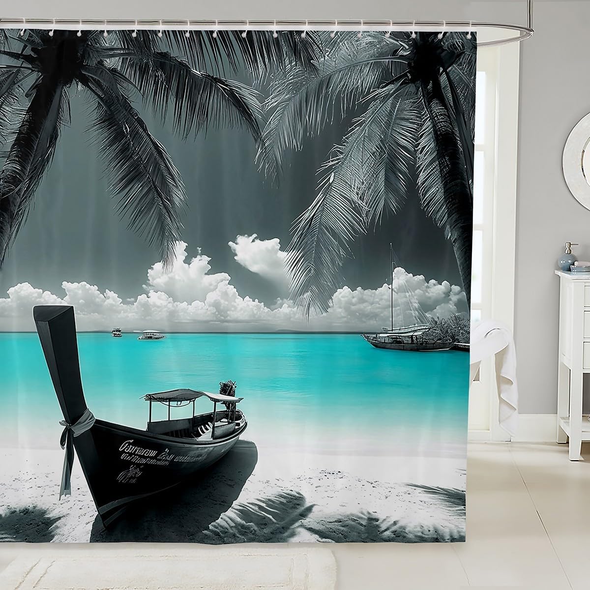 Wooden Boat Shower Curtain Blue Ocean Summer Beach Washable Grommet Bathroom Curtain Coconut Tree Waterproof Curtain Hawaiian Holiday Bath Curtain,12 Hooks,72" Wx78 L