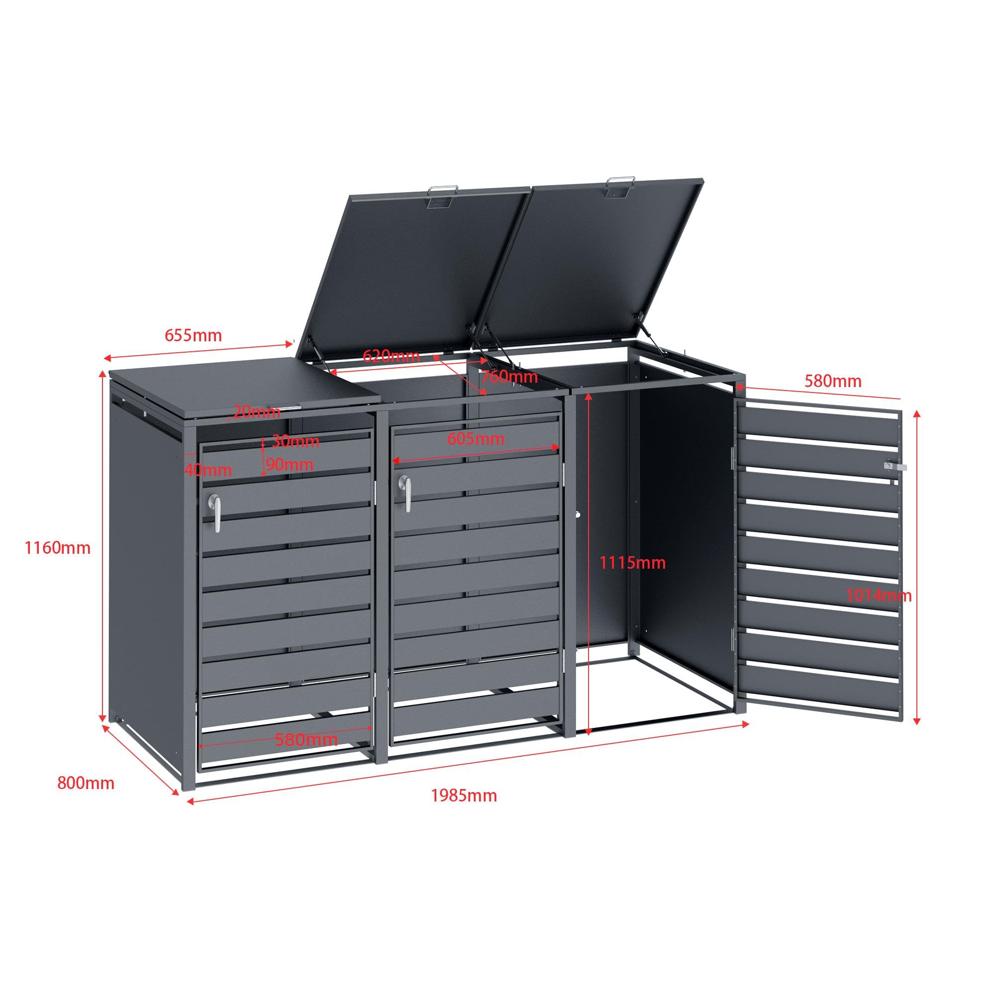 ESTEXO Mülltonnenbox Mülltonnenverkleidung mit Deckel Aufbewahrungsbox Müllbox Anthrazit (3 Türen)