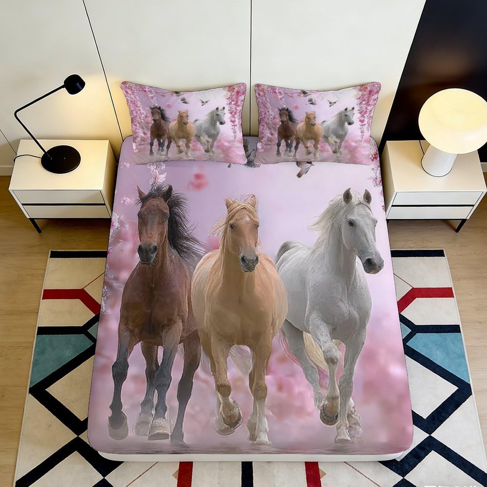 3D Printed Running Horses Fitted Sheet Microfiber Soft Durable Pink Bed Cover with 3D Printed Galloping Horse Mattress Cover for Bedroom Guest Room Decor 140x200x25cm