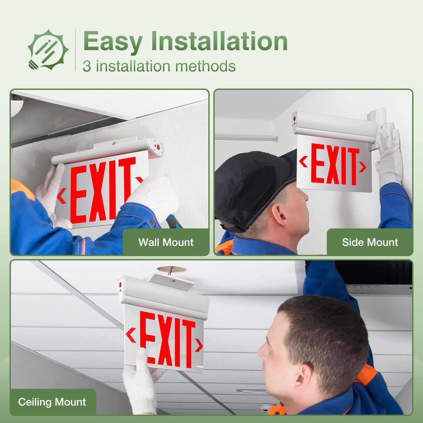 FREELICHT Paquete de 2 letreros de salida LED rojos de doble cara con batería de respaldo, señal de salida para negocios, fácil de instalar, certificado UL, CA 120/277 V