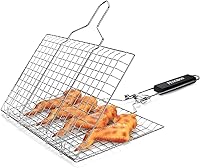 Vista 4 de Cesta para asar pescado, plegable, portátil, de acero inoxidable, para pescado, verduras, camarones con mango extraíble, viene con cepillo