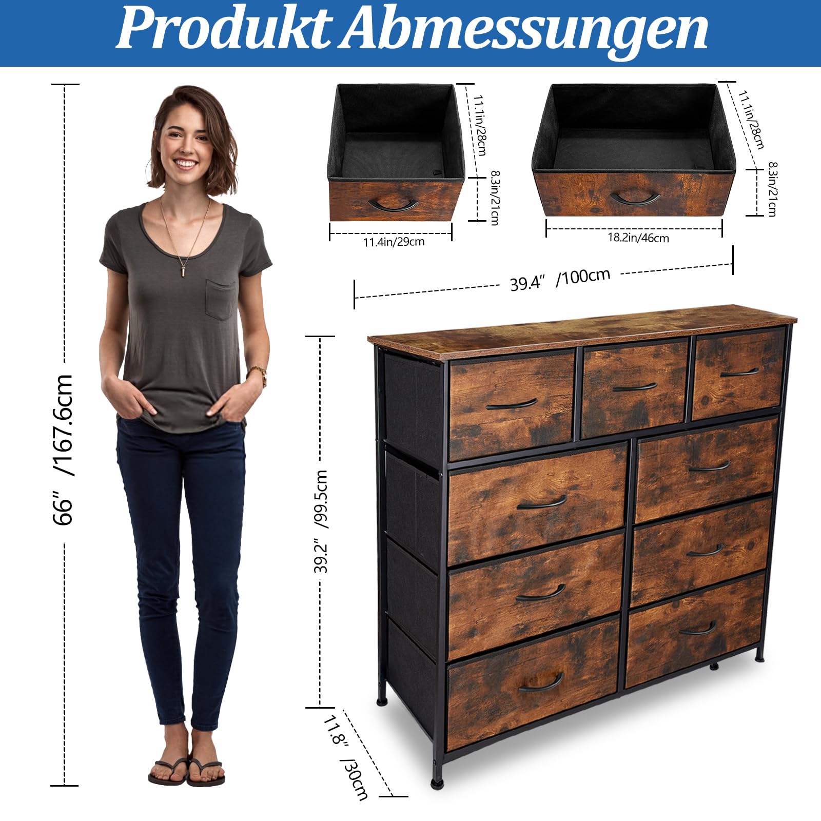 Kommode mit 9 Schubladen aus Stoff, Kinderzimmer Organizer für Schlafzimmer, Aufbewahrungsturm mit Schrank Metallrahmen Holzplatte, Vintagebraun-Schwarz