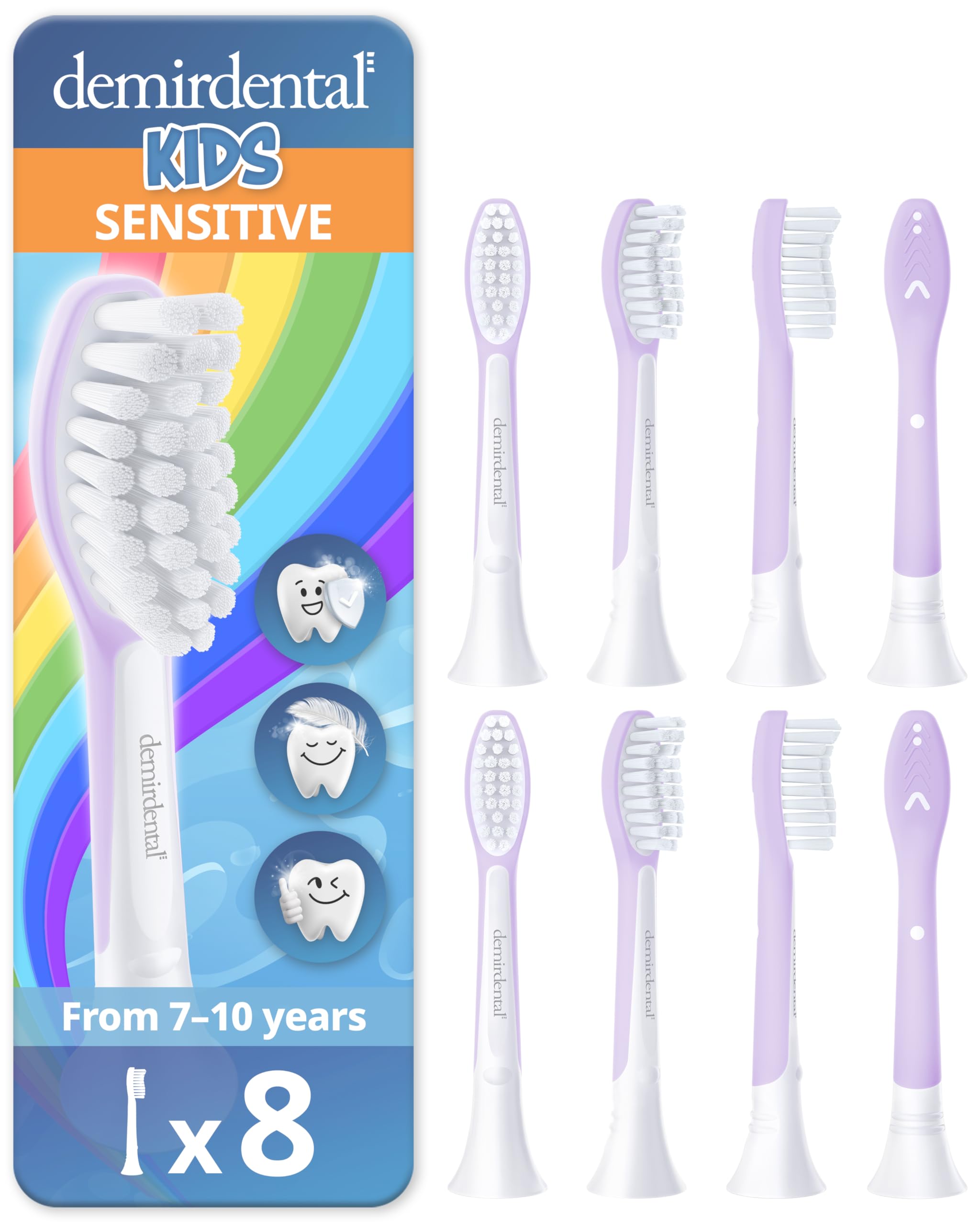 demirdental Testine di ricambio per spazzolino da denti per bambini, compatibili con Philips Sonicare Kids, testine di ricambio Sensitive dai 7 ai 10 anni, lilla, sostituiscono HX6048-confezione da 8