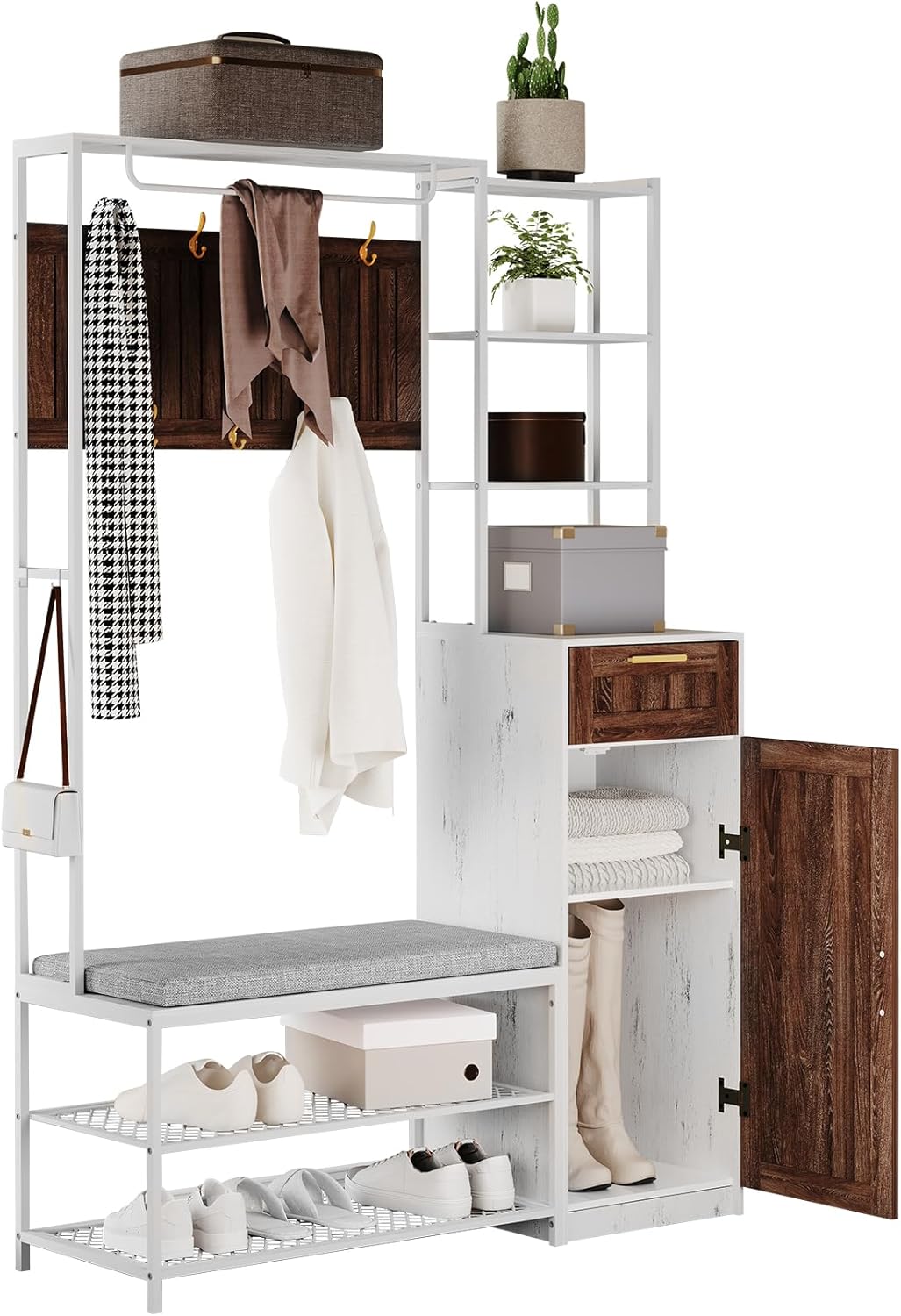 HOVANESTY Hall Tree with Bench and Shoe Storage, Coat Rack