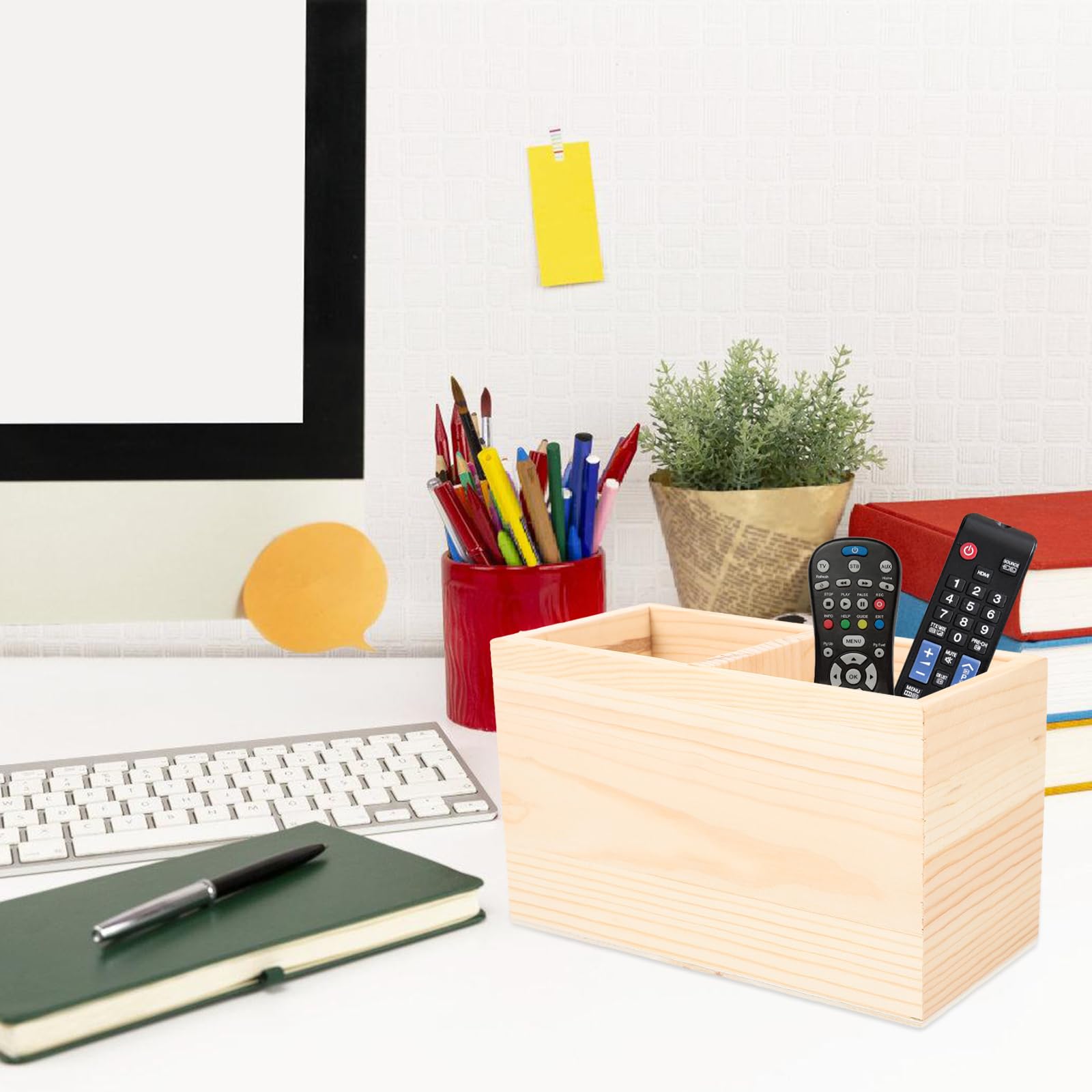 STOBOK Diy Pine Wooden Pen Holder with Two Compartments Small Desk Organizer for Ruler Scissors Stationery Remote Control Office Home Storage Accessories - Image 4
