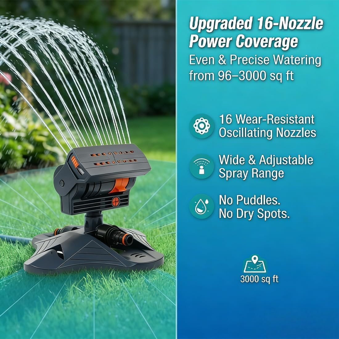 Arroseur oscillant à 16 buses avec minuterie d'arrosage double zone, arroseurs d'eau réglables pour pelouse, cour, jardin, système d'irrigation automatique robuste (vert)