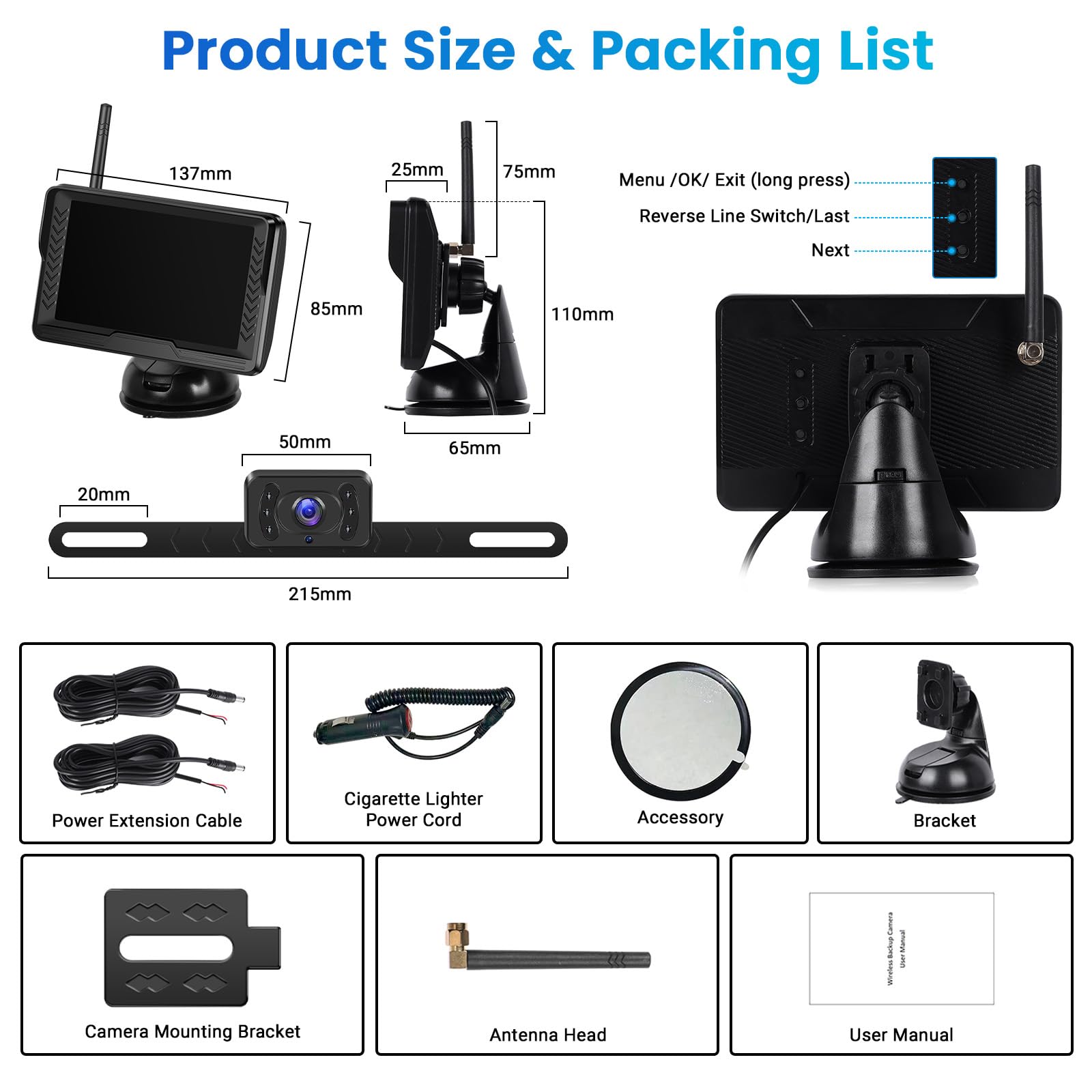 Kit Telecamera Retromarcia Wireless con monitor LCD da 5 Pollici Monitor con Schermo LCD AHD, Super Visione Notturna, Impermeabile IP69, Supporto 12V per Auto, Autobus, Camion, Rimorchi