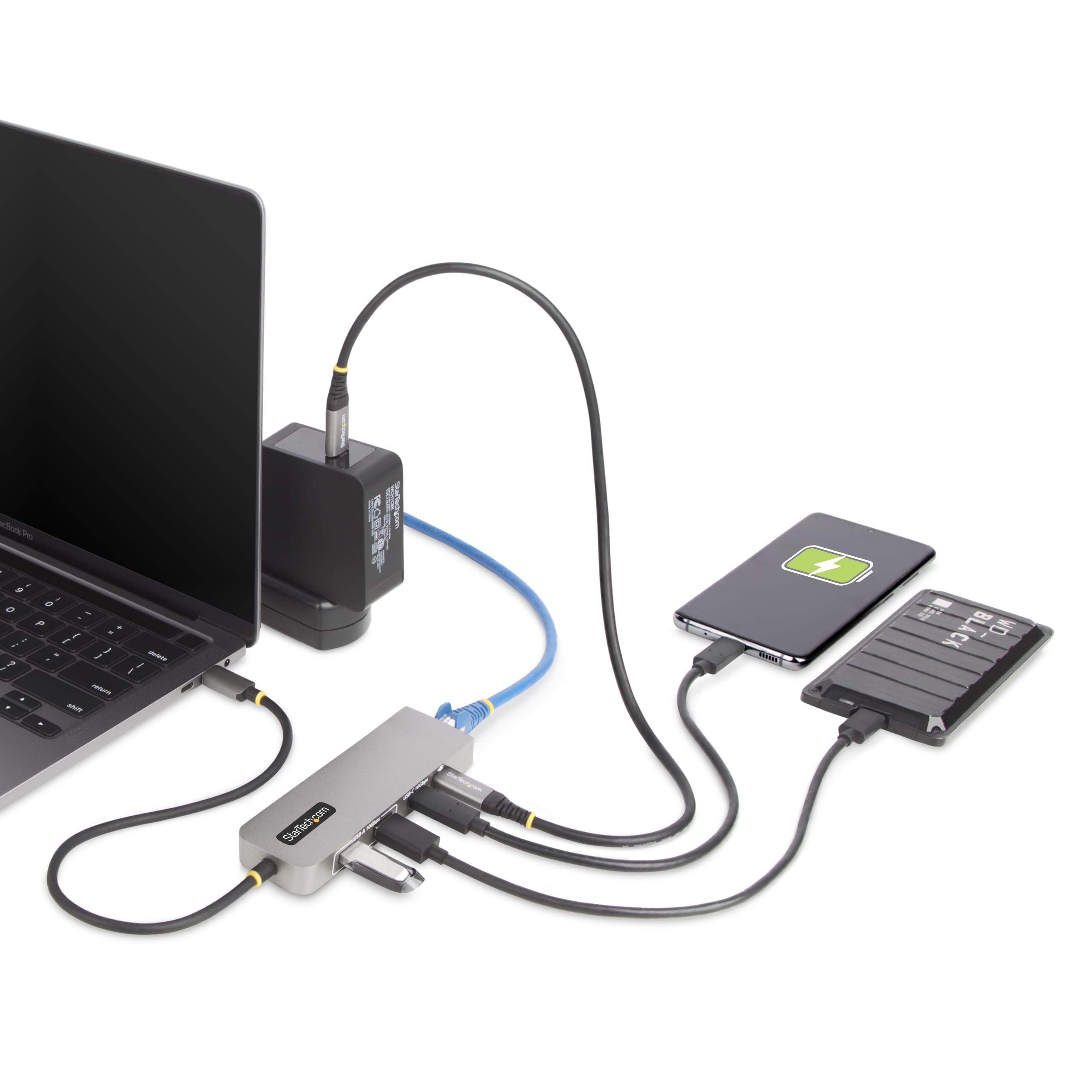 StarTech Hub USB-C de 3 Puertos, 10Gbps, Ethernet 2,5GbE y PD 100W de Paso | Cable de 30cm con TPE, Ideal para MacBook y iPad, Clonación de Dirección MAC y Conmutación WiFi