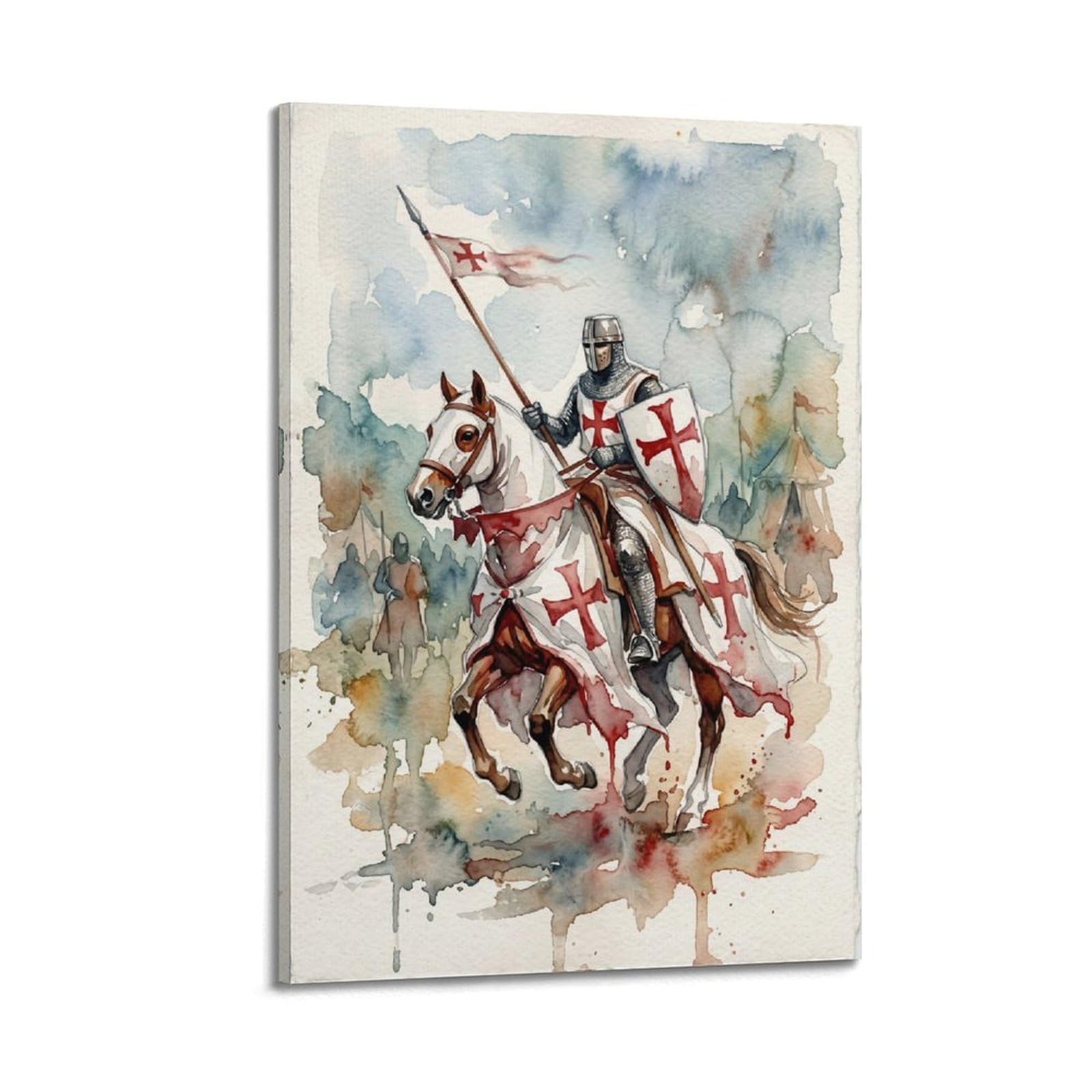 OKNGB Mounted Flag Rider Watercolor Templar Knight Poster Medieval Decorative Painting Canvas Art Picture 24x36inch(60x90cm)