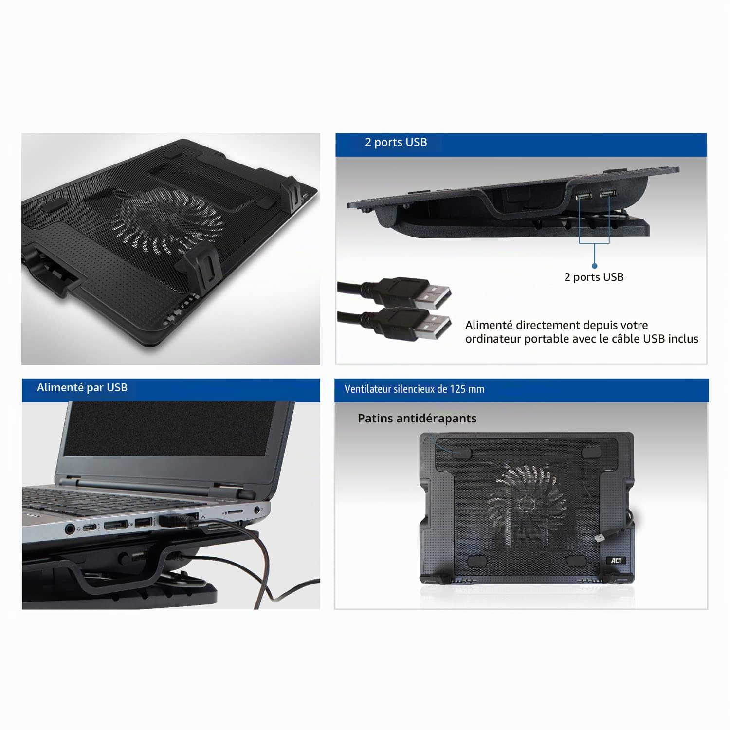 ACT Support de Refroidissement pour Ordinateur Portable 17", Hauteur réglable (5 Positions ergonomiques), 1 Ventilateur Silencieux pour Bureau, Port USB - AC8110