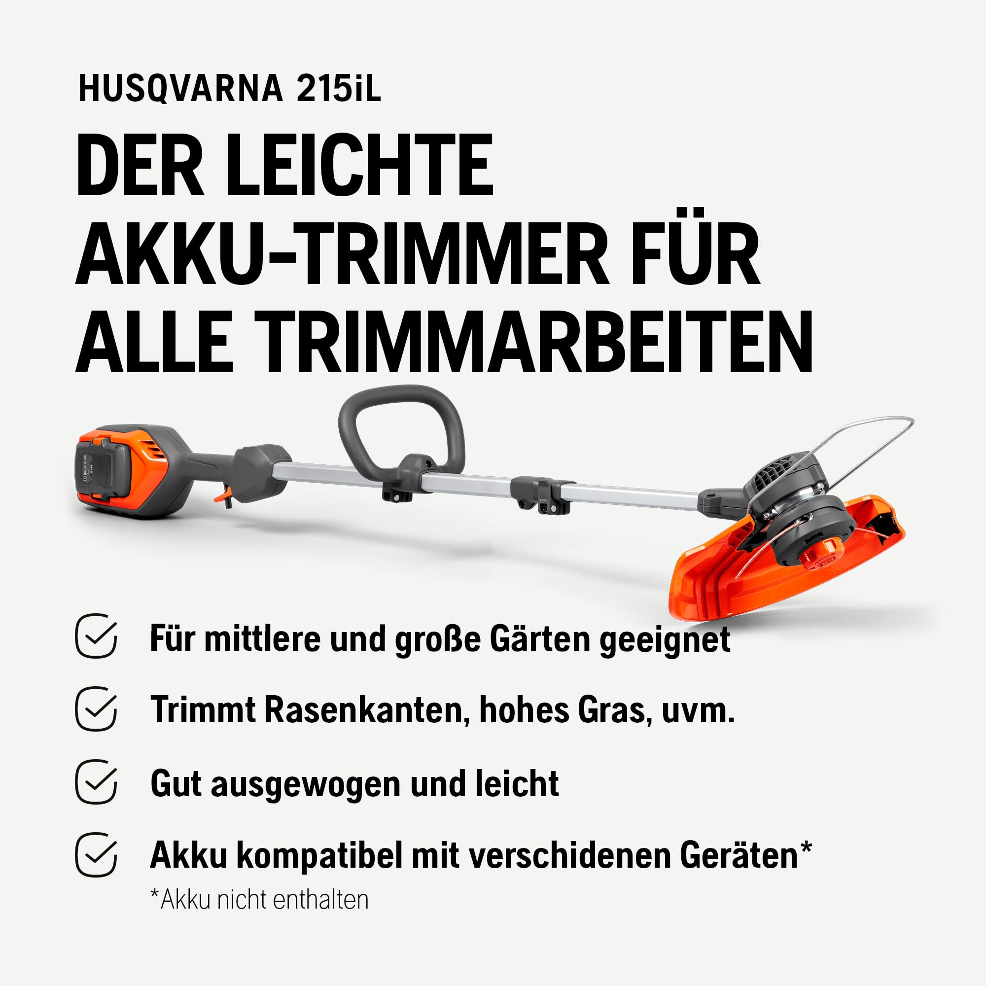 Husqvarna 215iL Rasentrimmer & 215iHD45 Heckenschere | inkl. 40-B70 Akku & 40-C80 Ladegerät. Praktisches Set mit Heckenschere, Grastrimmer, Akku & Ladegerät
