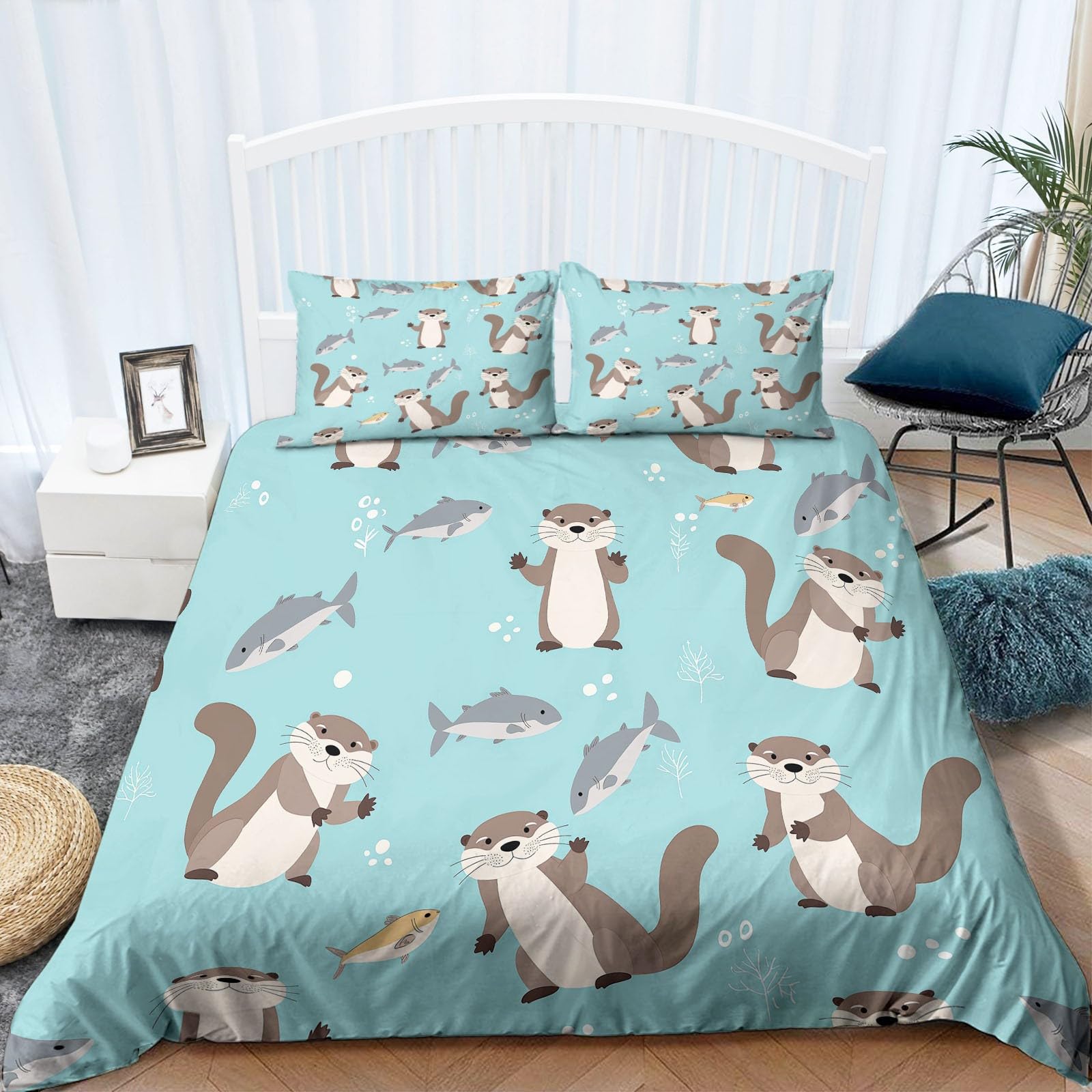 Azul Claro Funda Nordica Cama 150 Nutria de Dibujos Animados Juego de Funda Edredónes 240x220 cm Microfibra Suave Transpirable y con 2 Funda de Almohada 50x75 cm para Juveniles Niños Niña