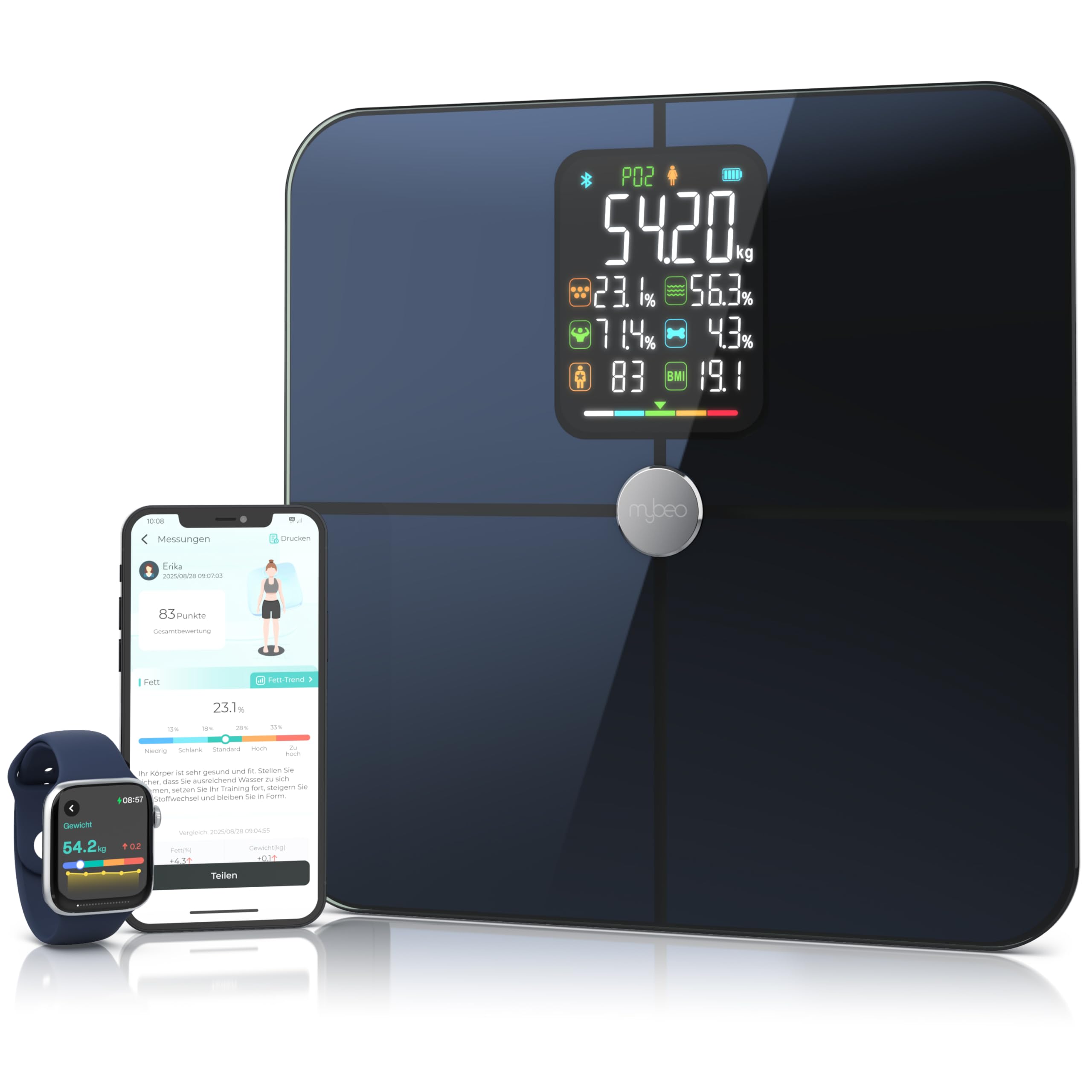 Mybeo - Körperfettwaage mit App - Digitale Bluetooth Körperwaage - Personenwaage Multifunktionswaage - Digitale Anzeige – Full Body Scan - bis zu 180 kg – gehärtetes Glas - mit körperfettanalyse