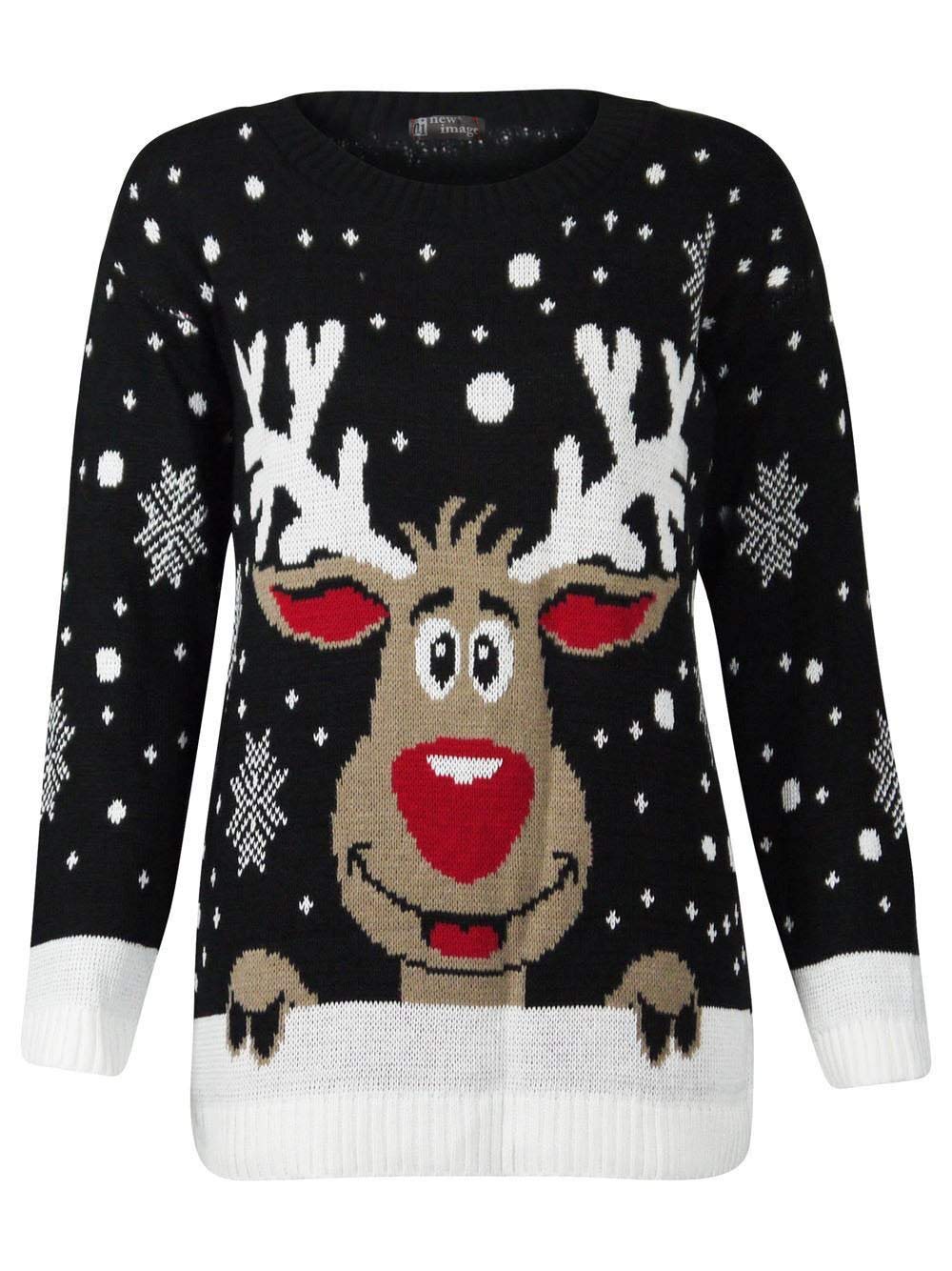 Divadames Women's Black Cheeky Reindeer Xmas Jumper Rudolph Christmas Jumper Christmas Novelty Jumper Top (20/22, )